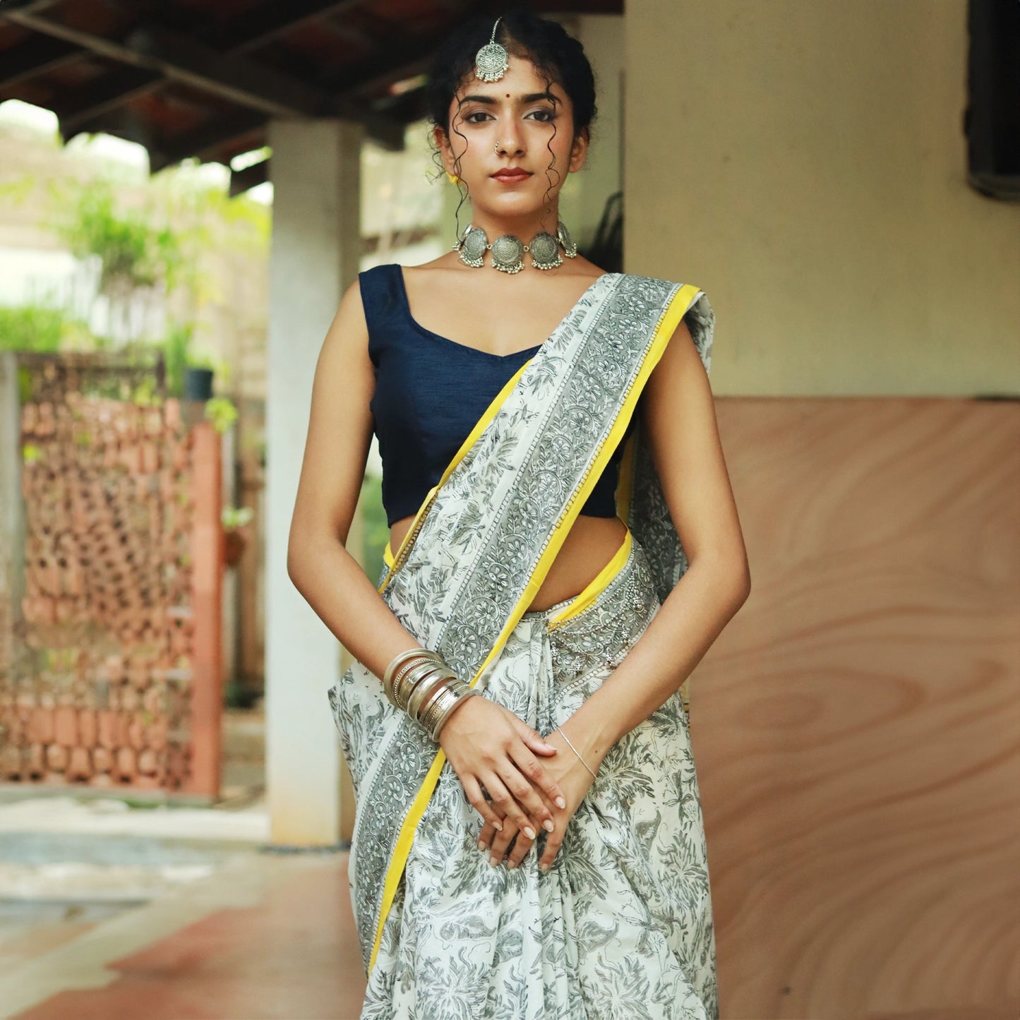 MulMul Cotton Saree - White & Grey