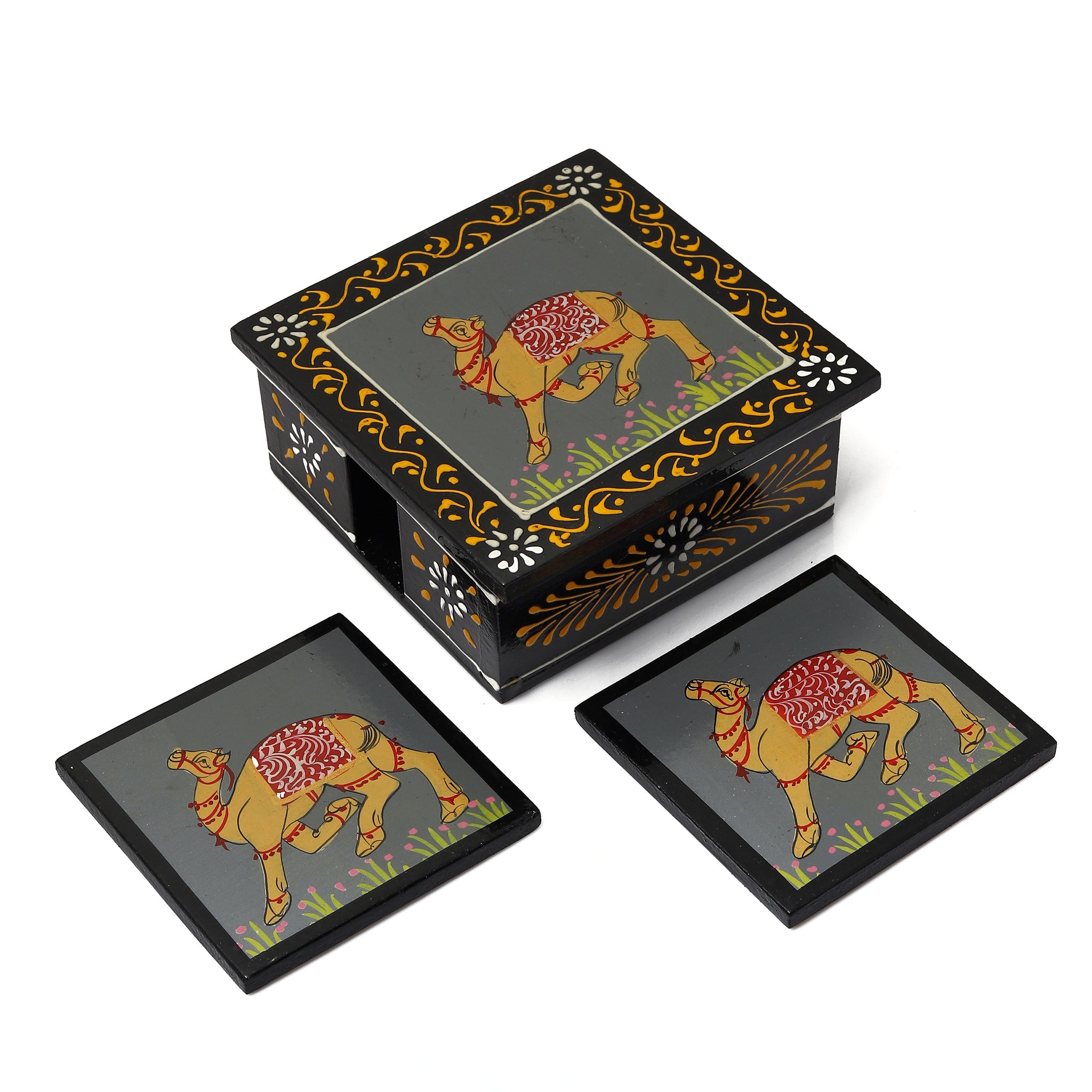 Hand Painted Rajasthani Camel Square Shaped Wooden Tea Coaster - Set of 6