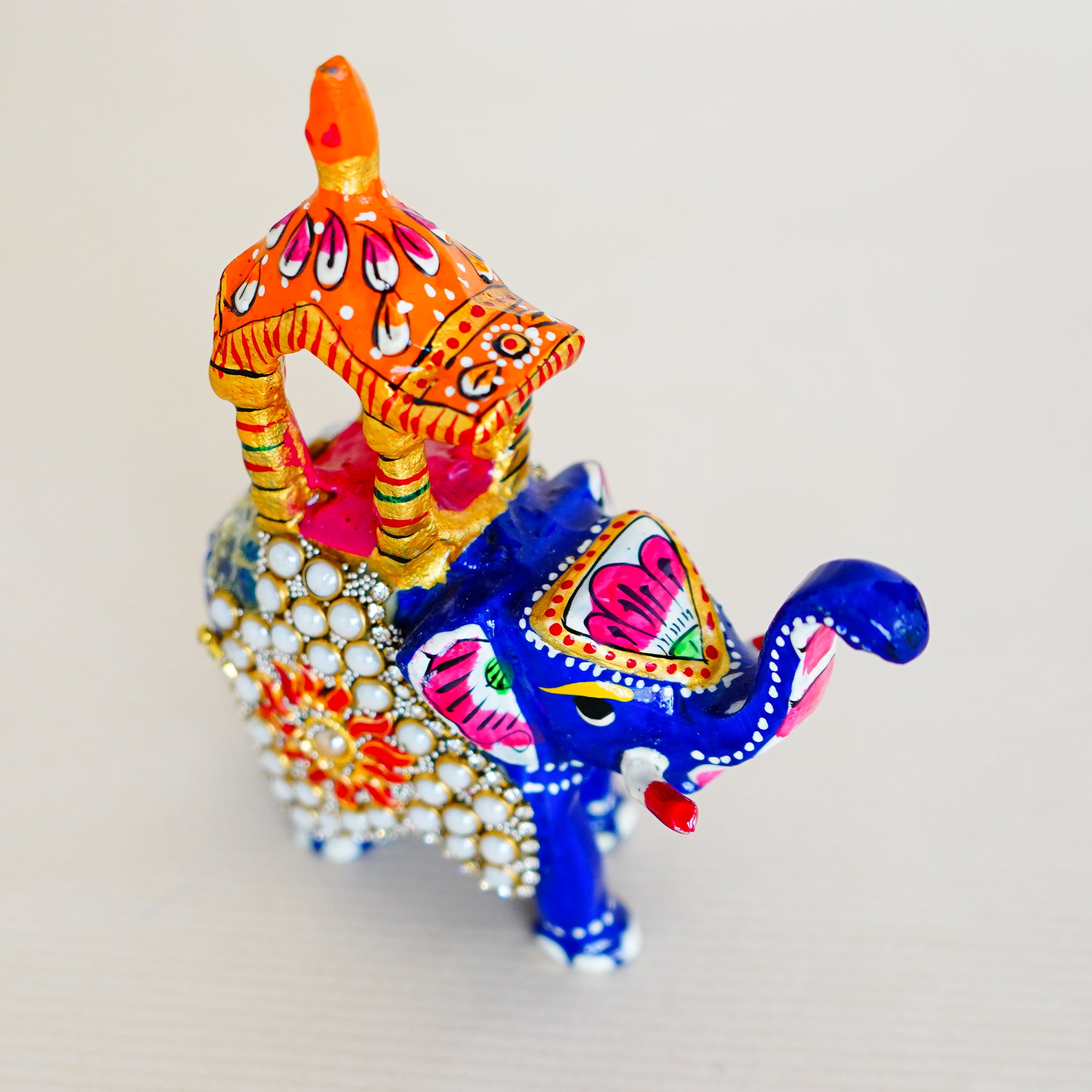 Elegant Handcrafted Meenakari Design Elephant With Howdah Seat Beaded Statue Blue (3 Inch)