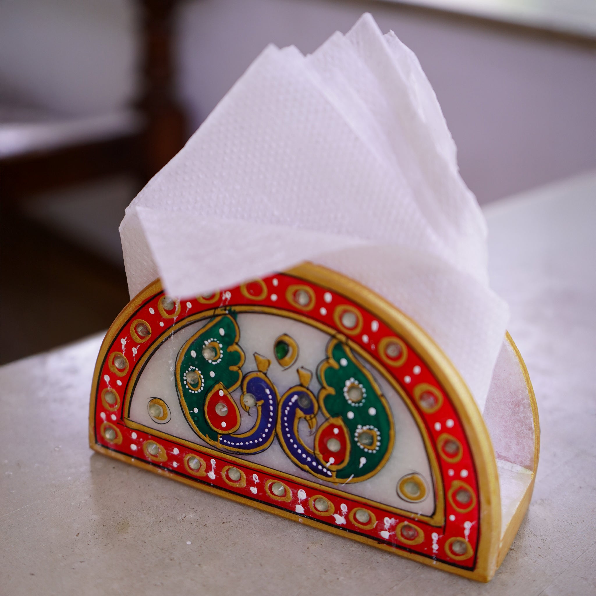 Kishangarh Marble Napkin Holder with Meenakari Peacocks