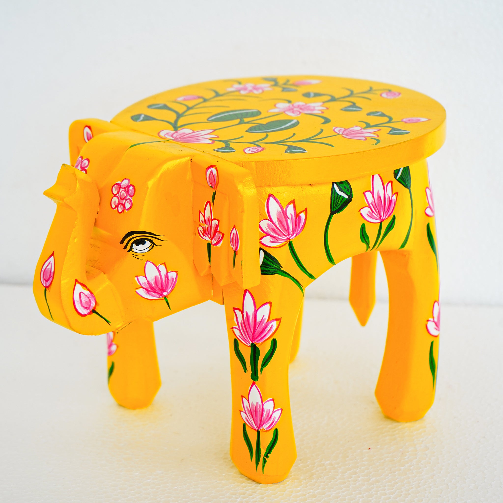 Hand-Painted Wooden Elephant Shape Yellow Stool
