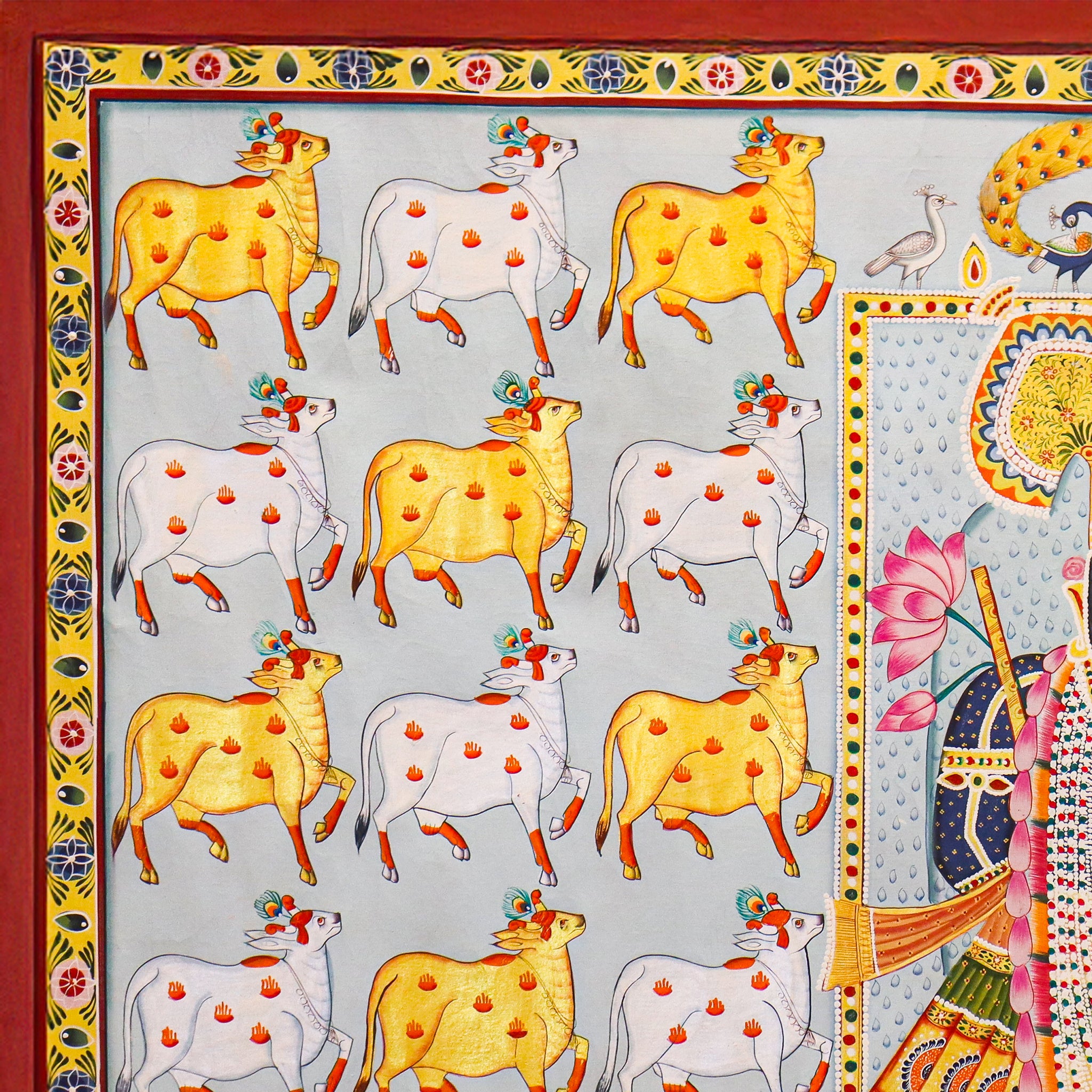 Divine Srinathji Pichwai  Handcrafted Art with Yellow & White Cow Pattern(31.5 x 44 Inches)-Made to Order