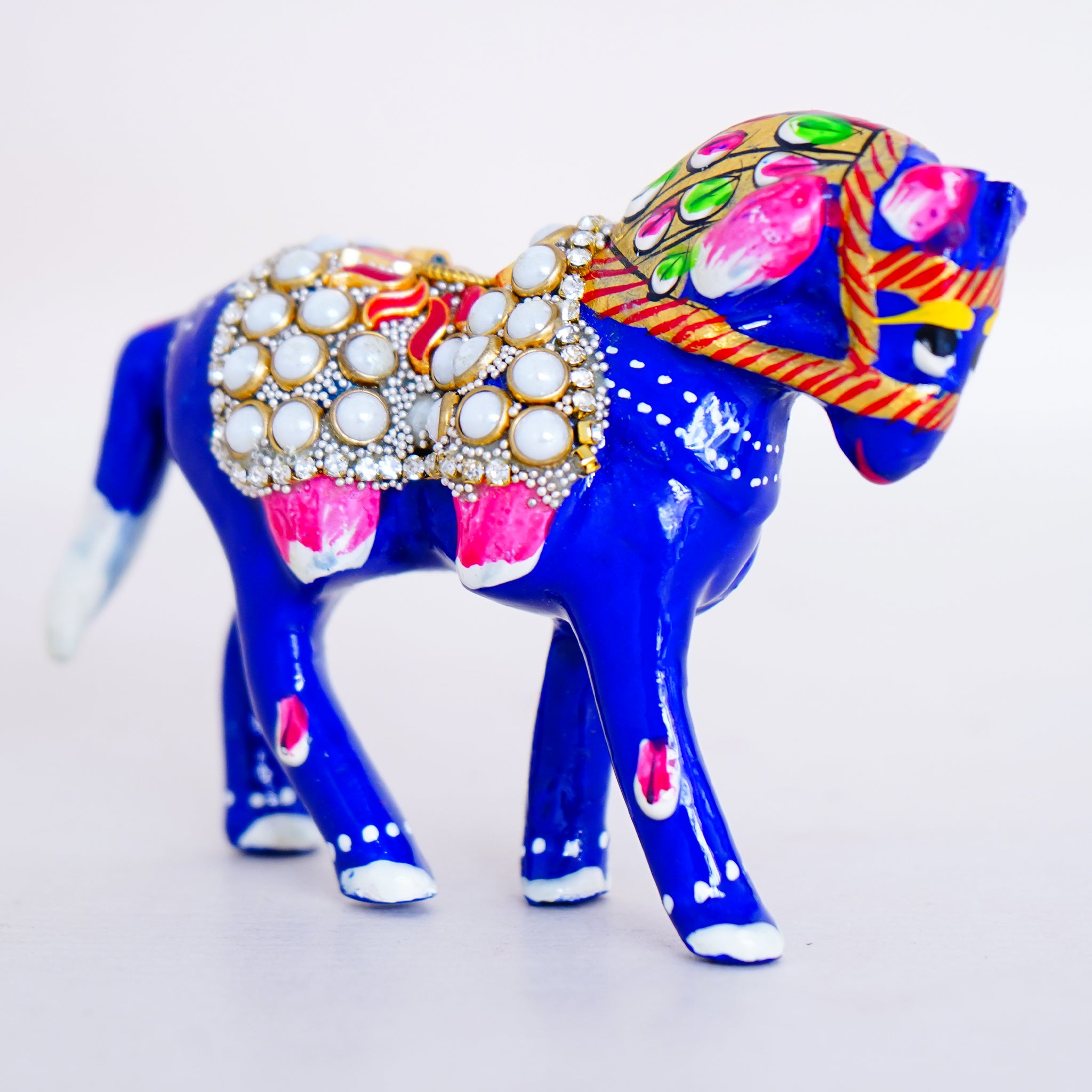 Elegant Handcrafted Meenakari Design Beaded Horse Statue Blue(3 Inch)