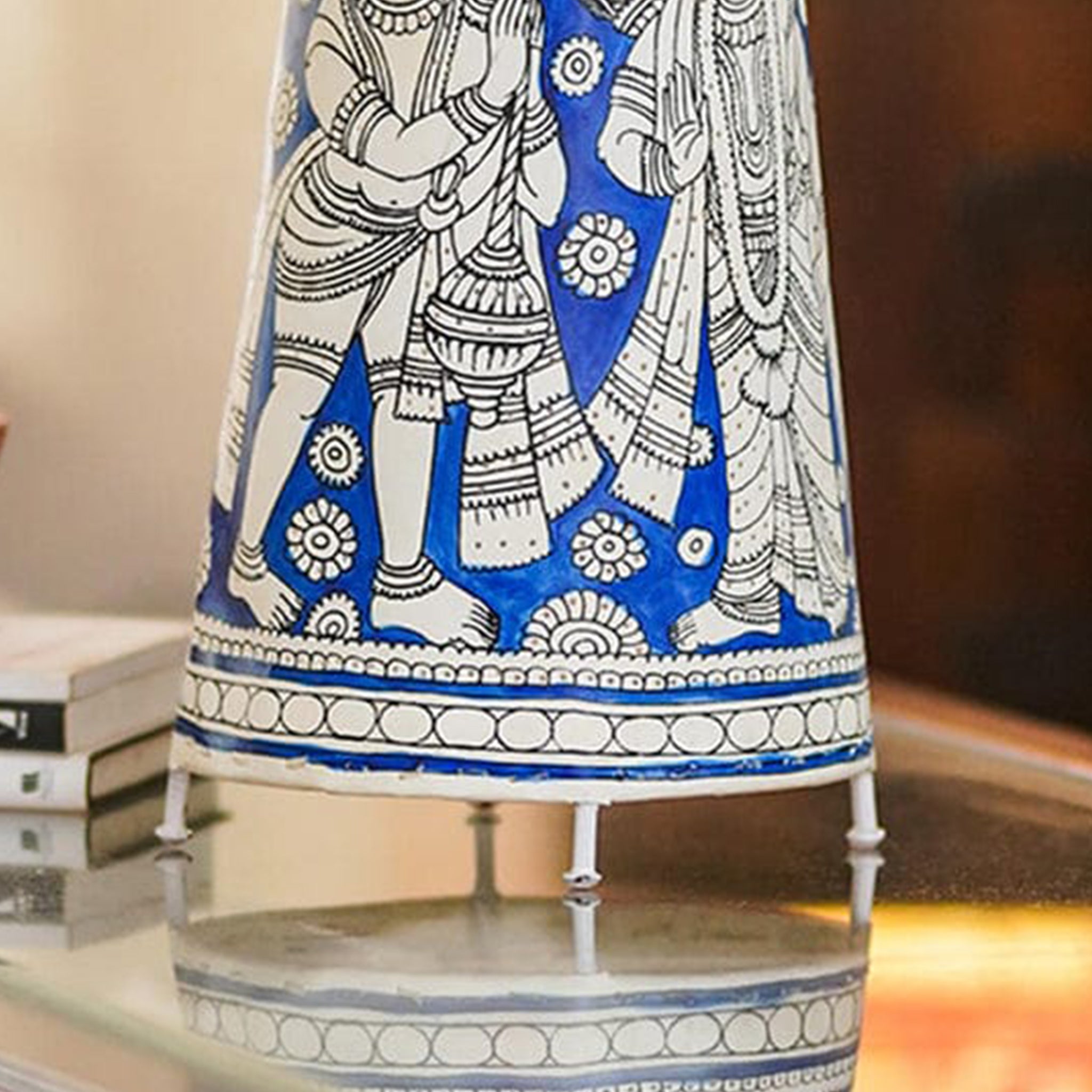 Elegant Andhra Leather Table Lamp Blue Ramayana Art Spiritual Decor with Divine Artistry-16 Inch