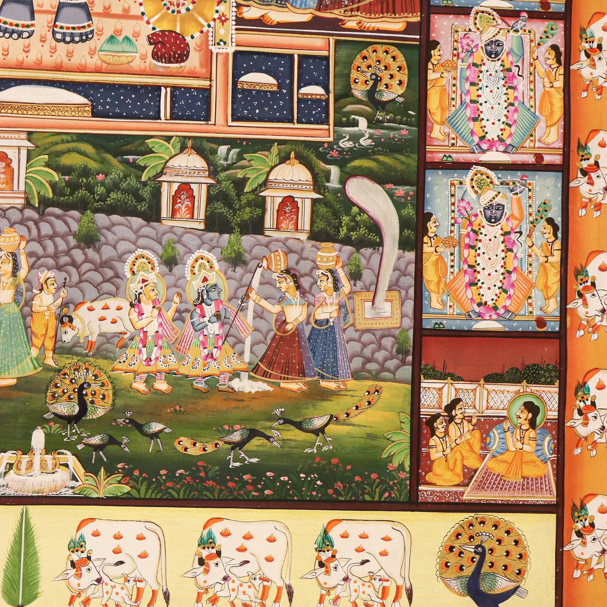 Srinathji Pallakh Pichwai Painting with Krishna Avatars & Sacred Cow Border(44 X 62 Inches)-Made to Order