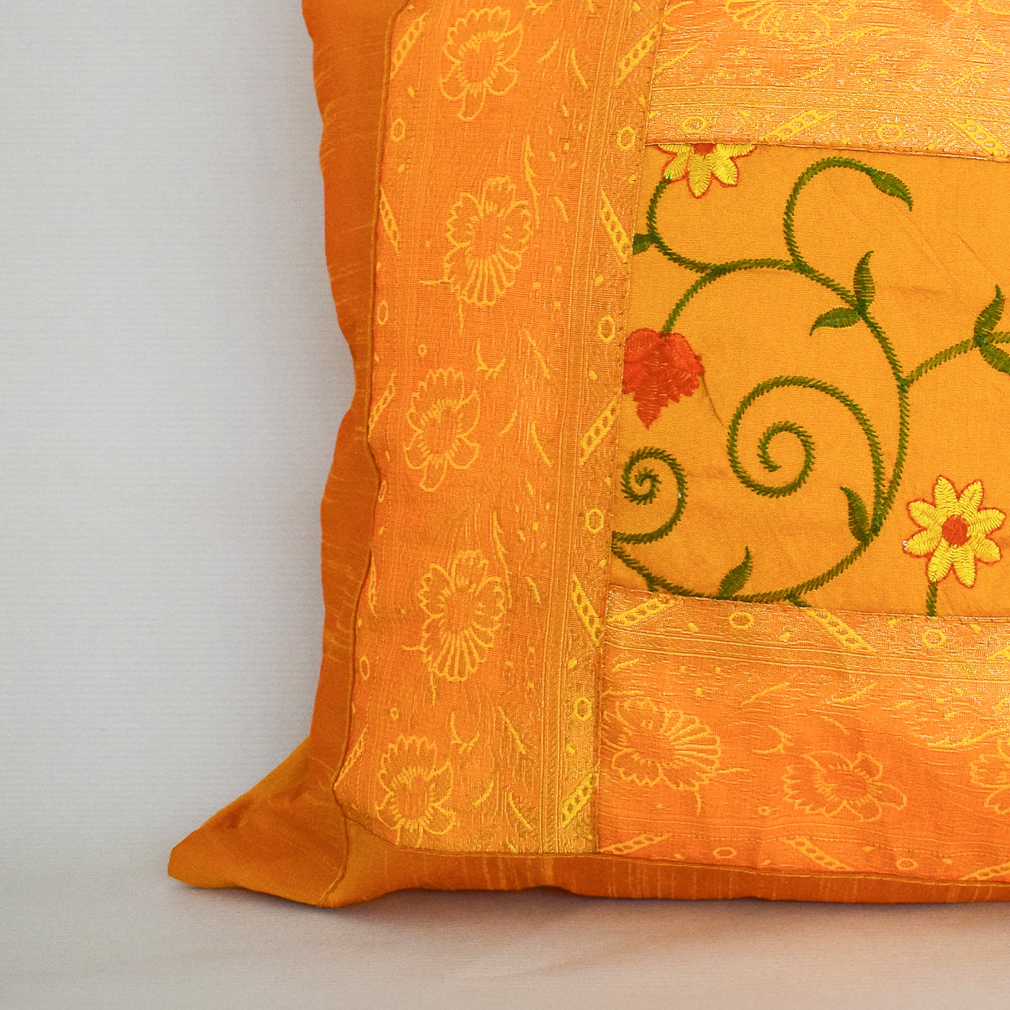 Banarasi Vibrant Orange Patchwork Pillow Cover(Set of 2)