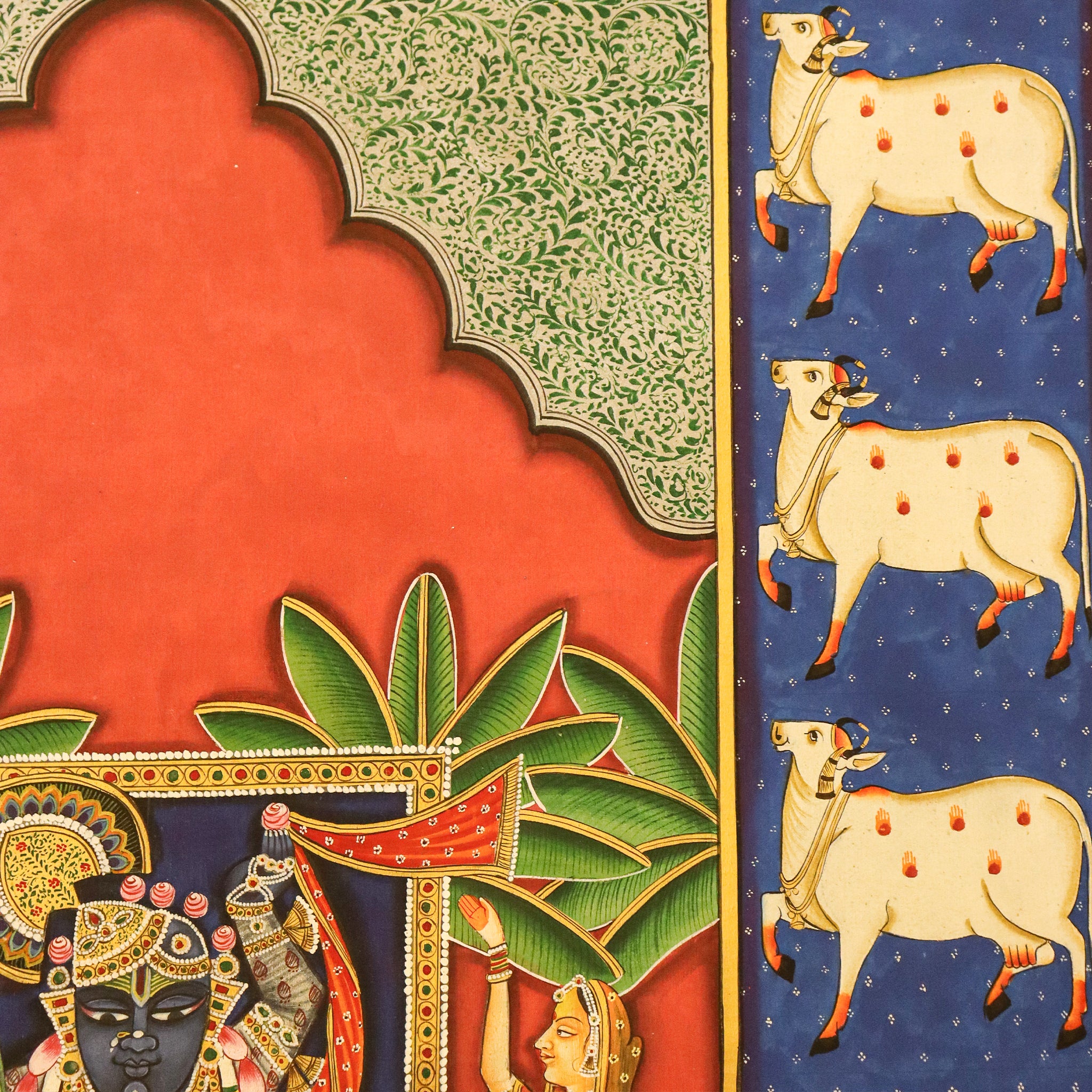 Srinathji Pichwai Painting with Gopikas, Sacred Cows Devotional Indian Art(36 X 48 Inches)-Made to Order