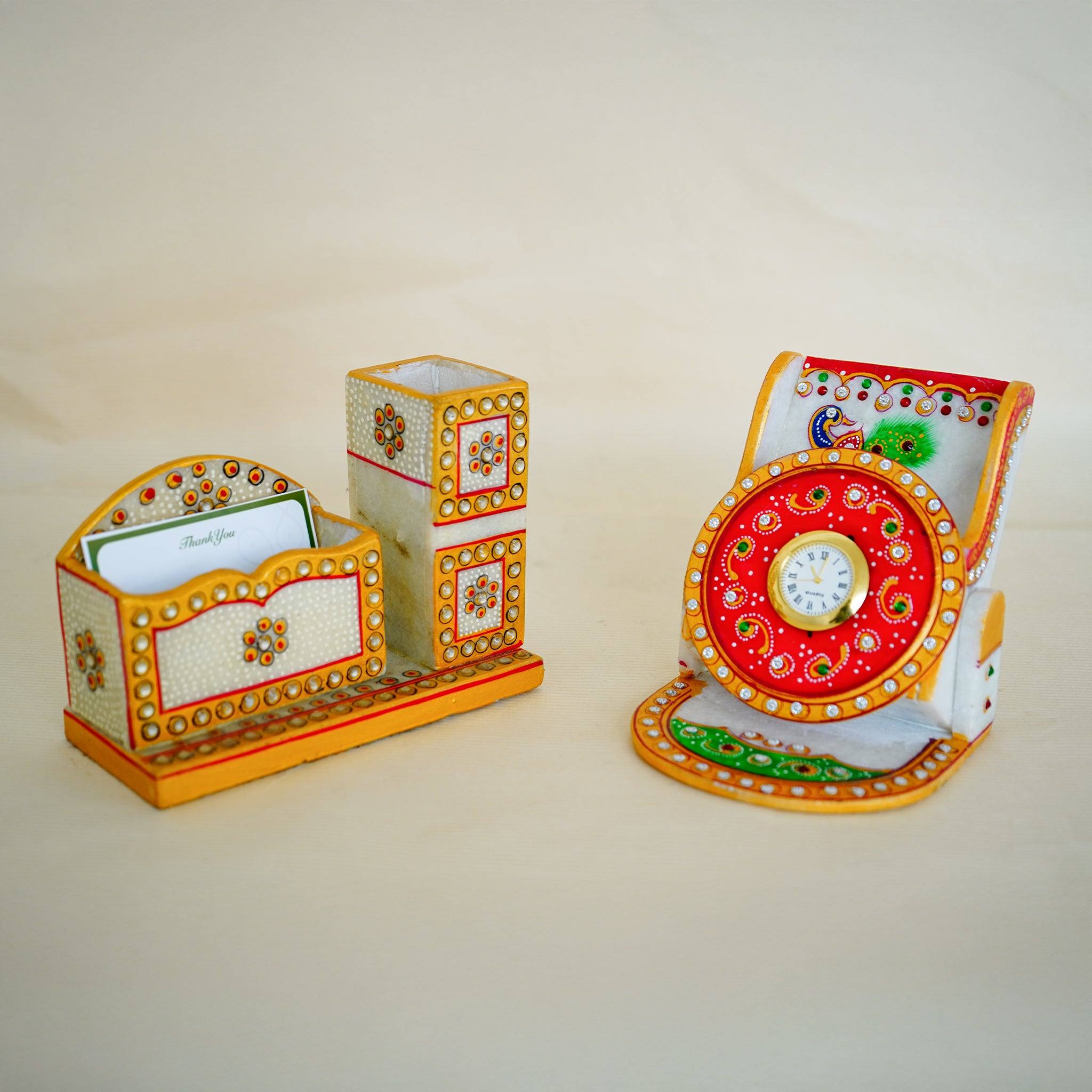 Kishangarh Marble Professional Combo Card Holder and Hand-Painted Peacock Clock