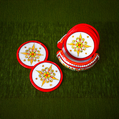 Kishangarh Marble Tea Coasters with Beautiful Floral & Red Accents