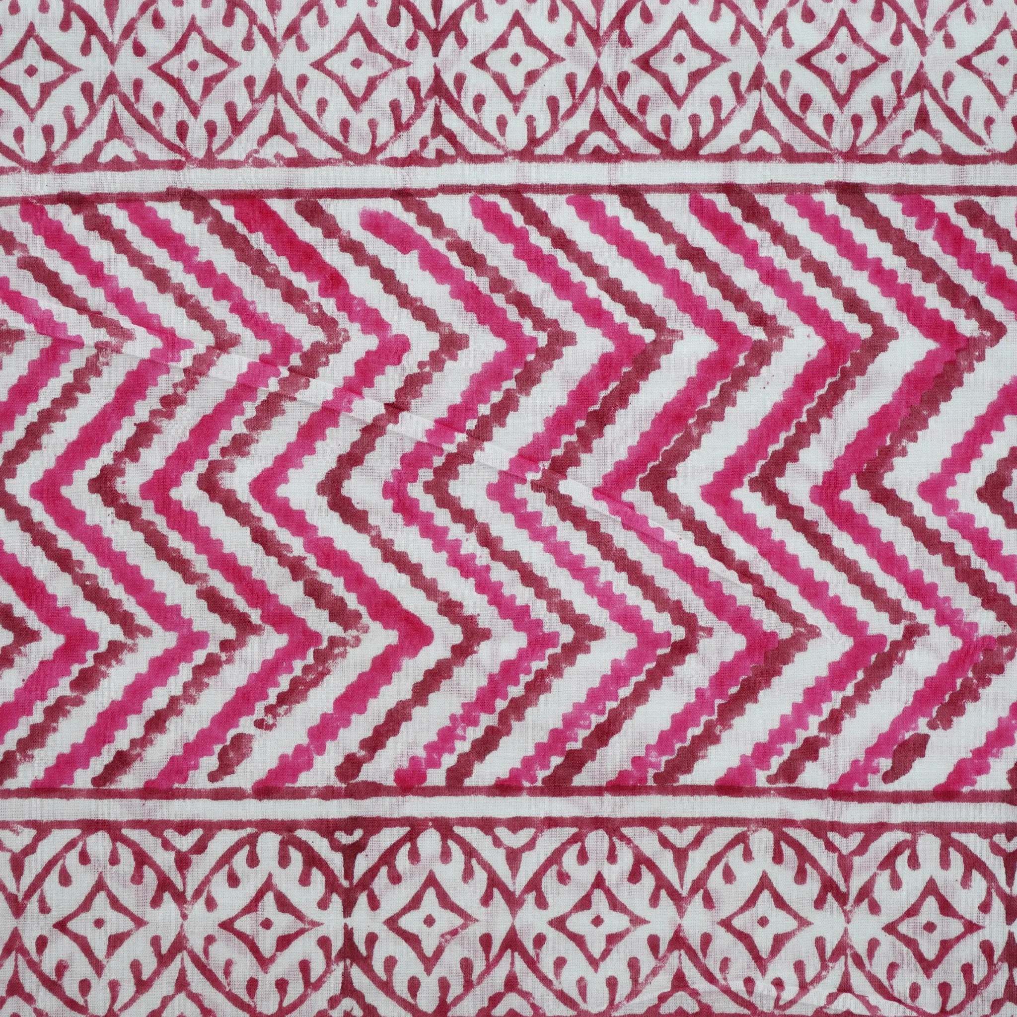 Summer Splash: Hand Block Printed-White and Rani Pink-Geometric Border