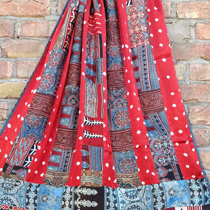 Ajrak Patchwork and Batik Print Dupatta - Pure Modal Silk - Scarlet Red and Blue