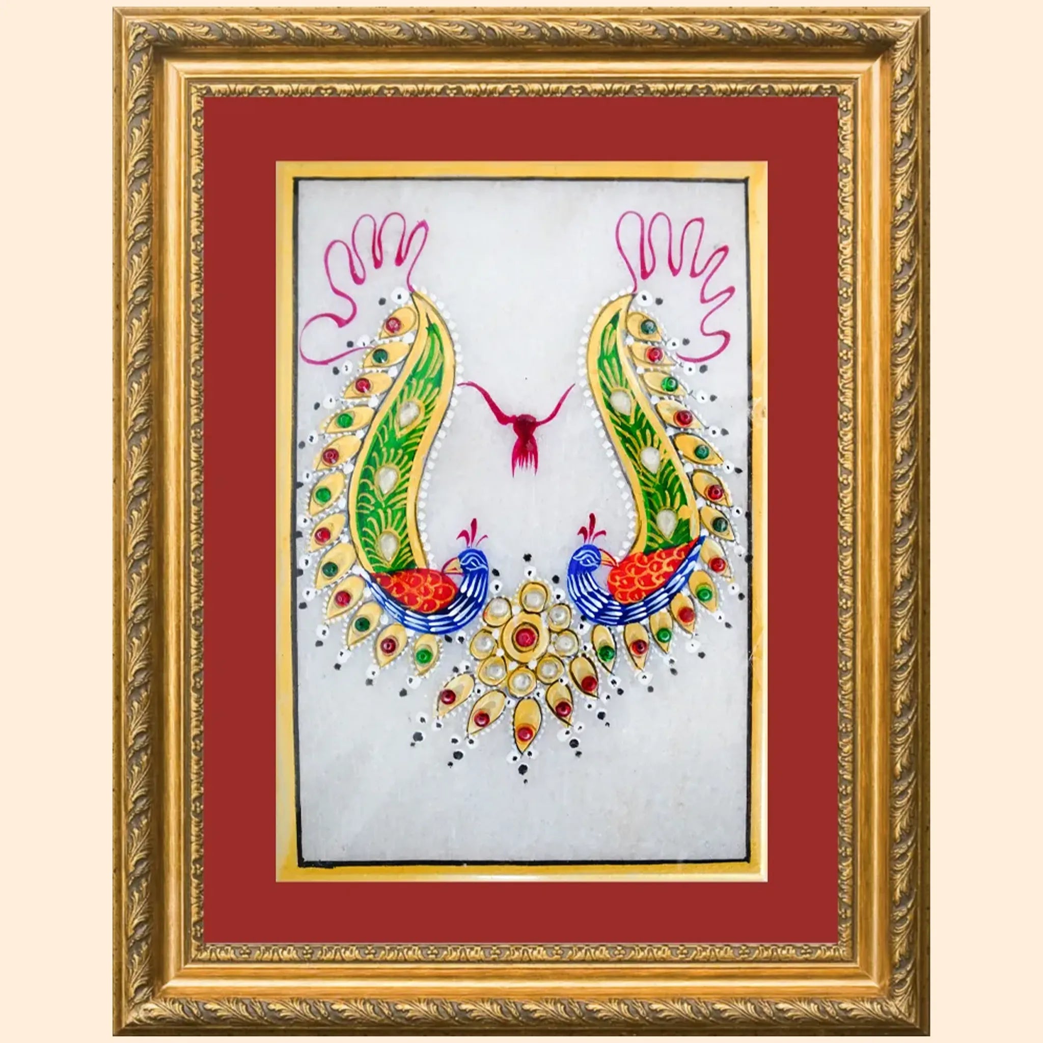 Marble Painted Flower Shaped Peacock Necklace with with Colourful Beads