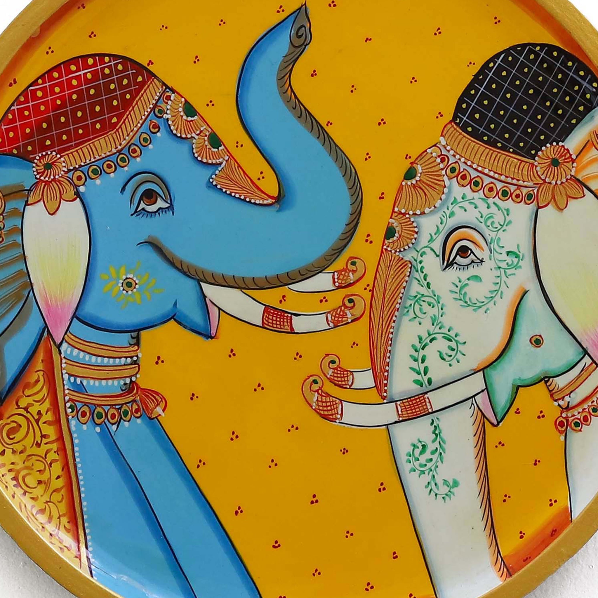 Hand-Painted Yellow Wall Decor Plate with Elephants