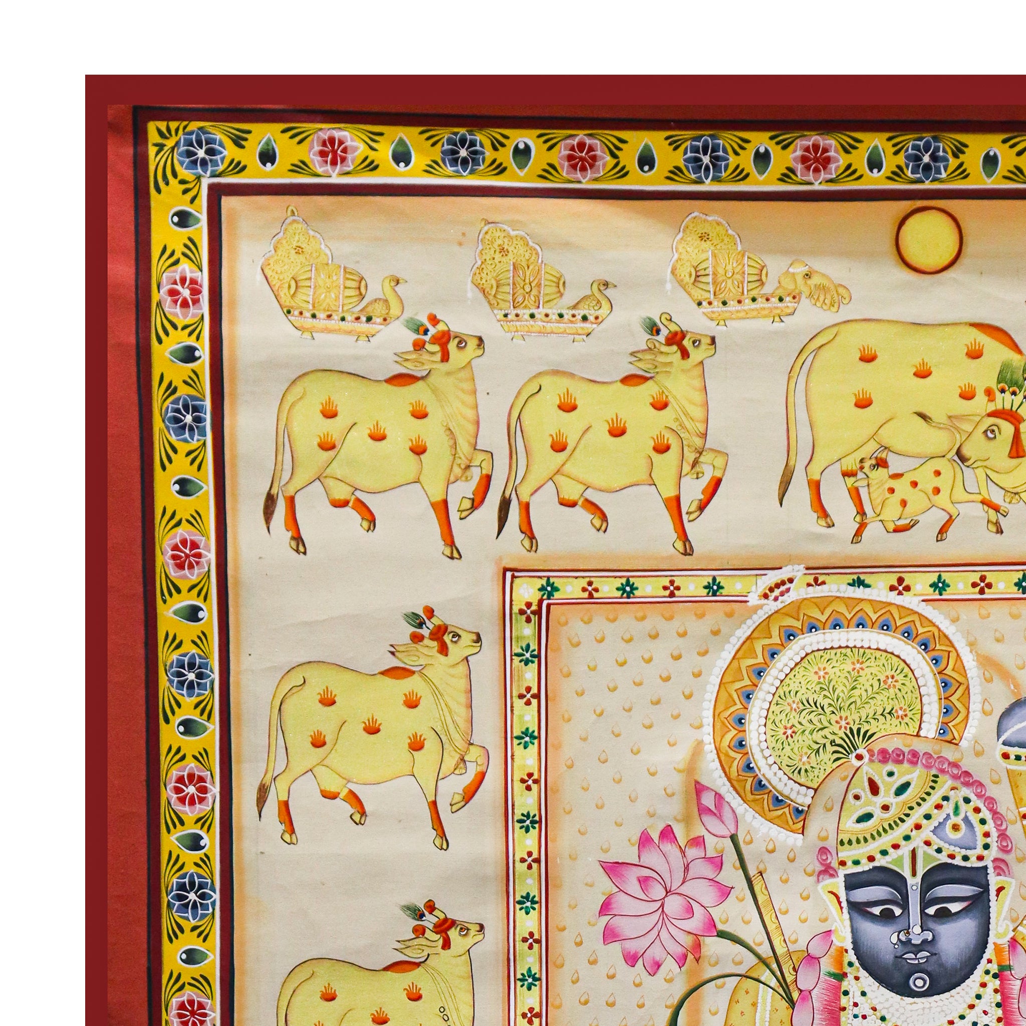 Divine Srinathji Pichwai  Handcrafted Art with Yellow & White Cow Pattern(32 X 44 Inches)-Made to Order