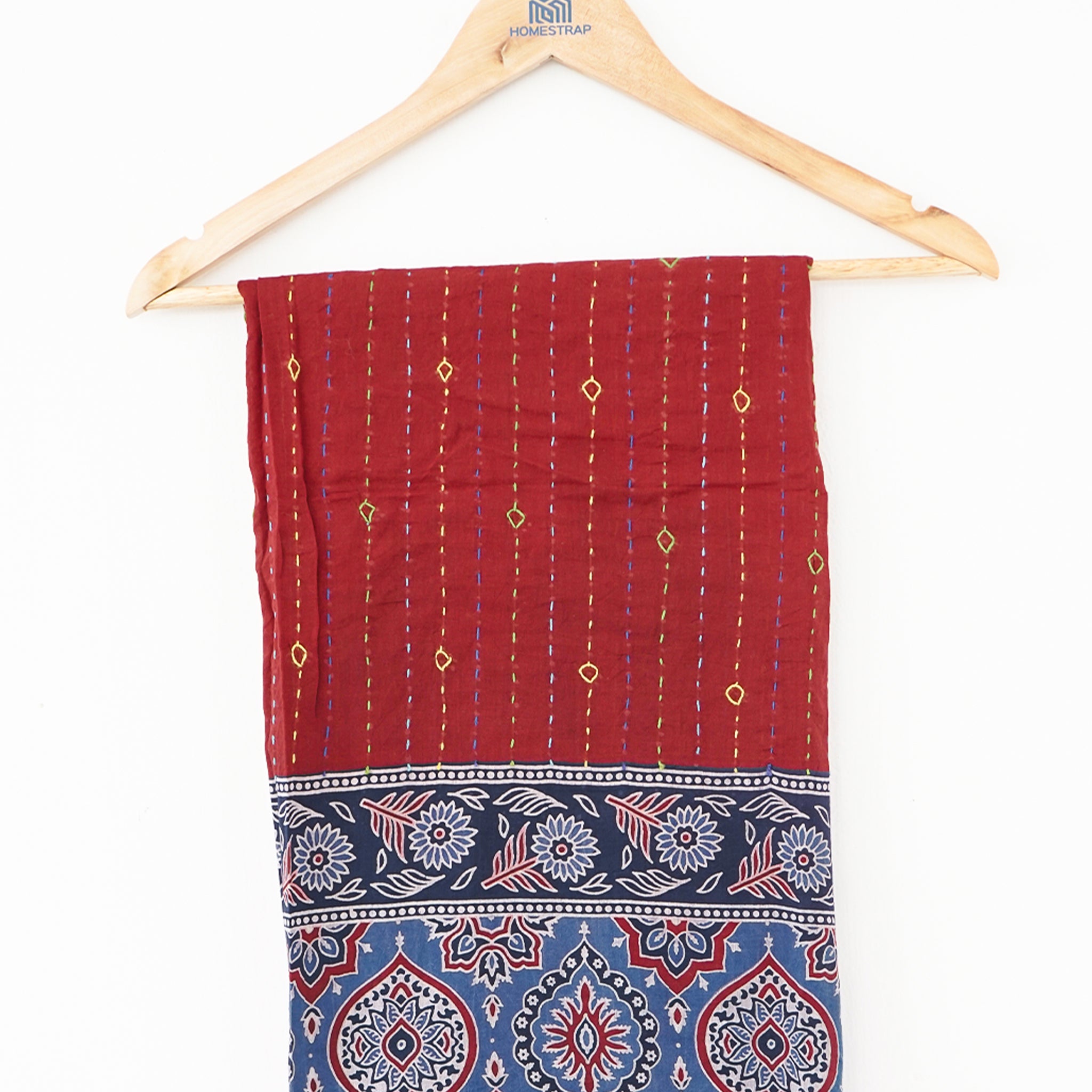 Elegant Ajrakh Block Print Dupatta with Kantha Embroidery – Red & blue