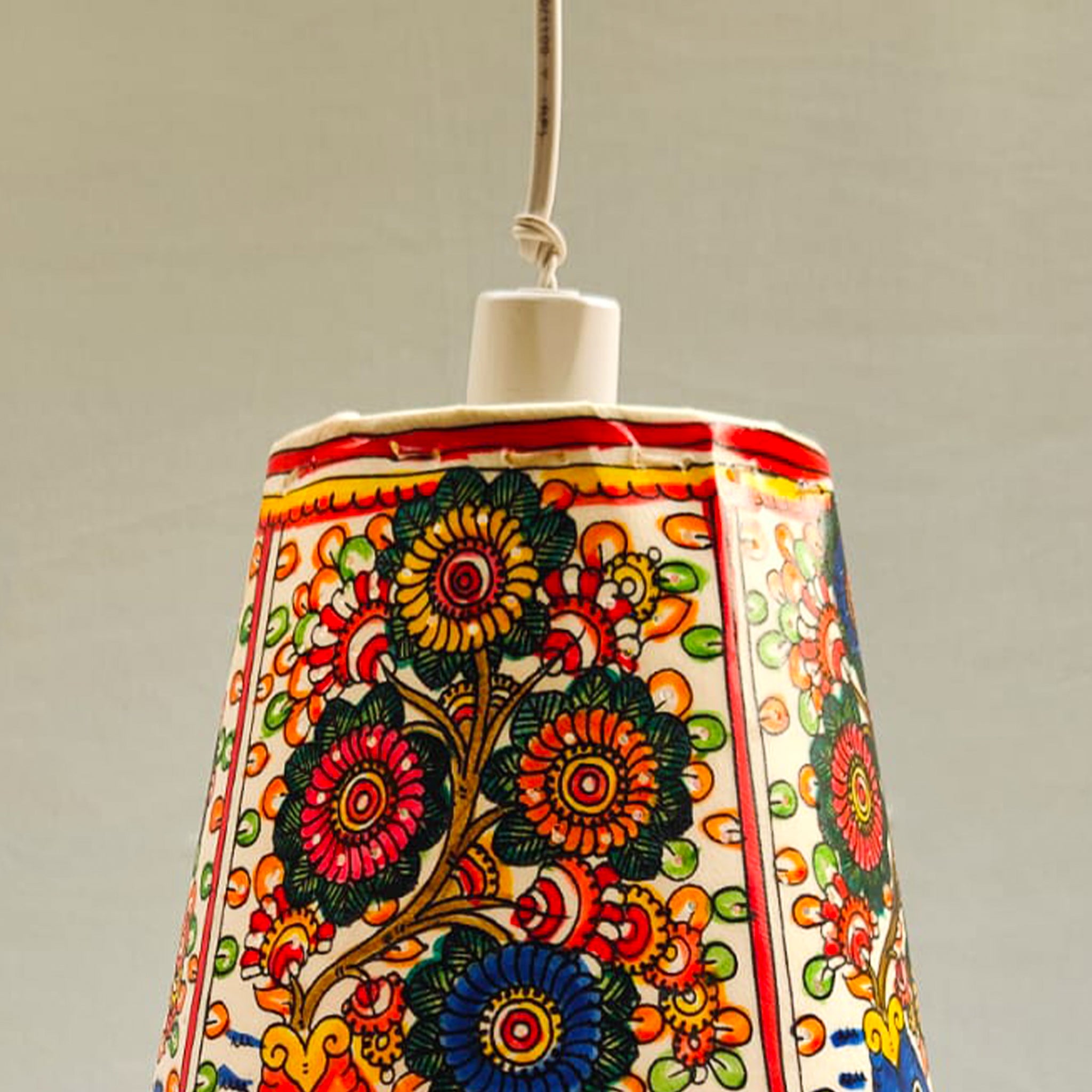 Multicolor Floral Andhra Leather Hanging Lamp with White Base-10 Inch