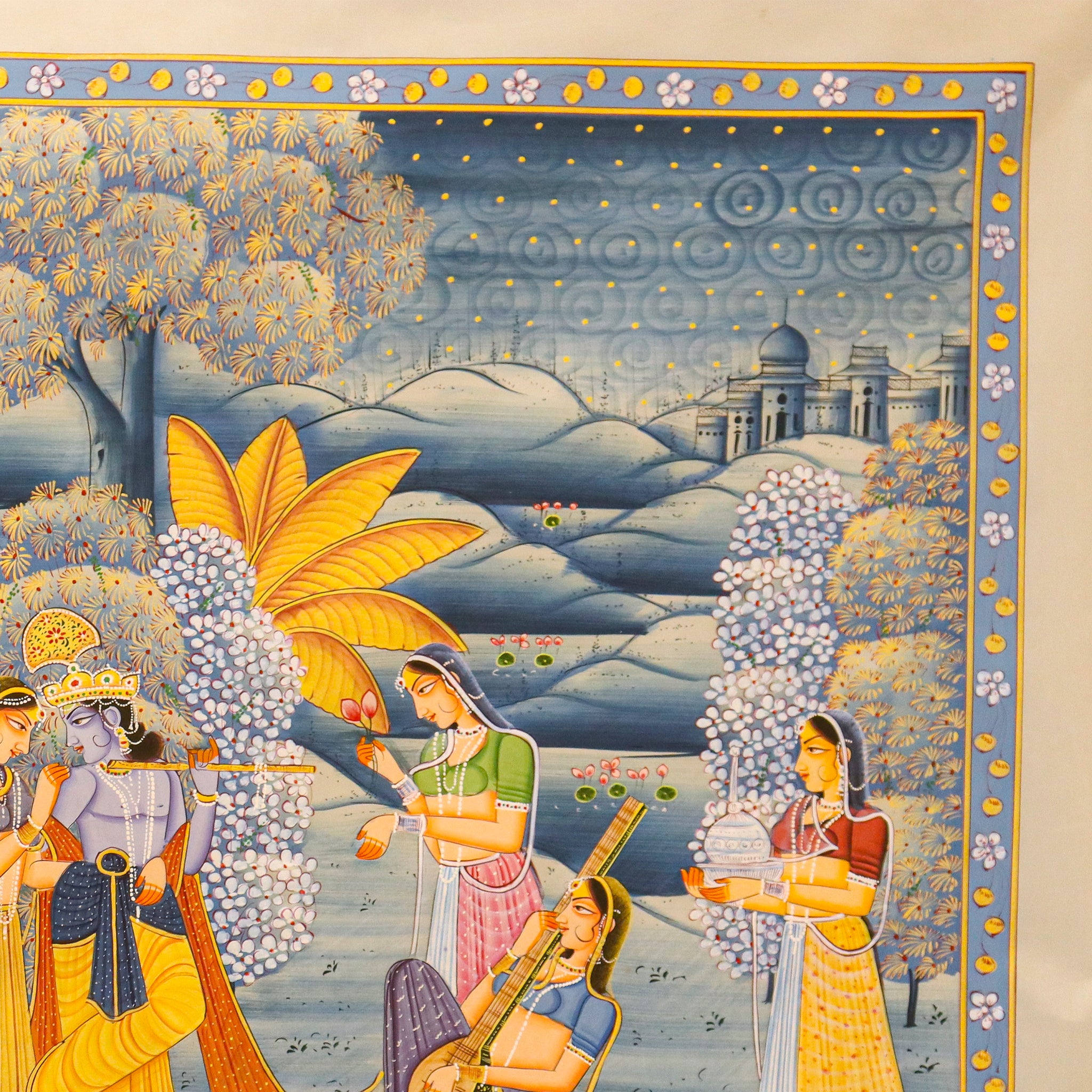 Traditional Pichwai Art of Radha Krishna Under Tree with Devotional Music Theme-Made to Order