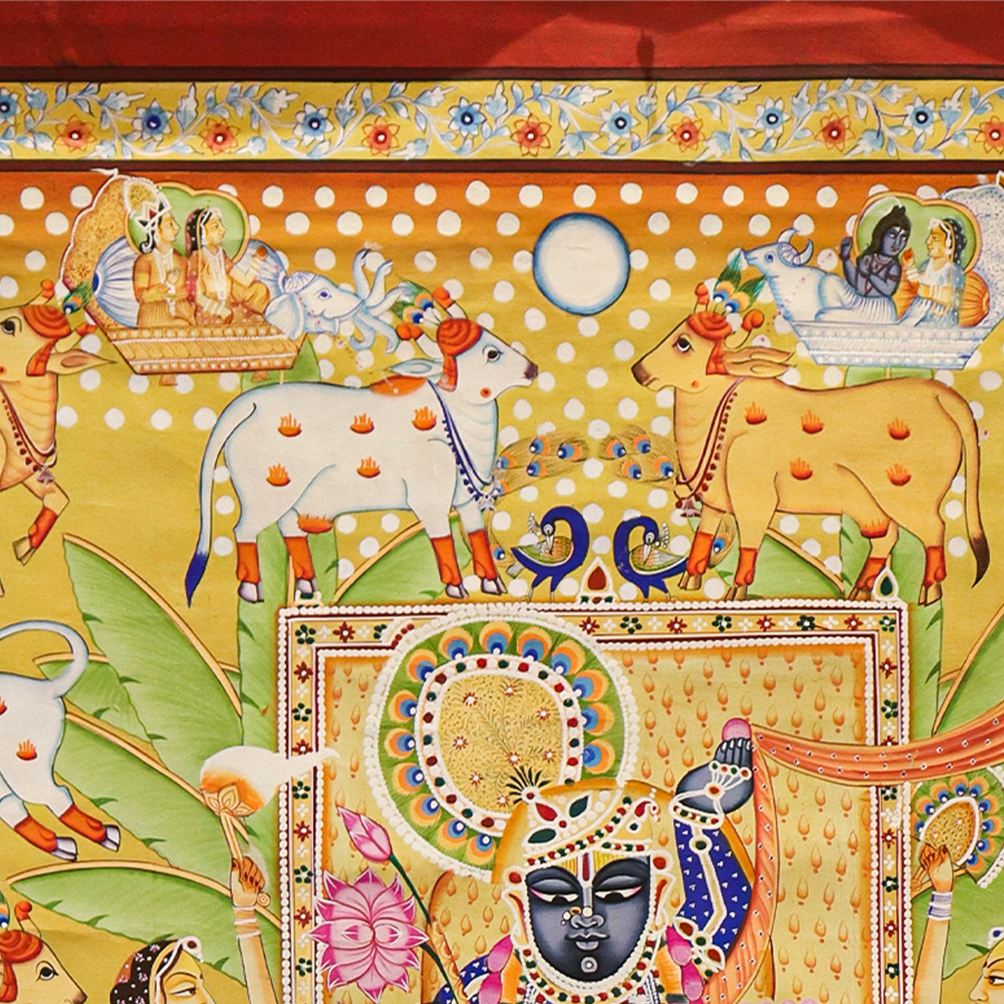 Srinathji Pichwai Painting with Gopikas, Cows & Peacocks Devotional Indian Art(36.5 X 48.5 Inches)