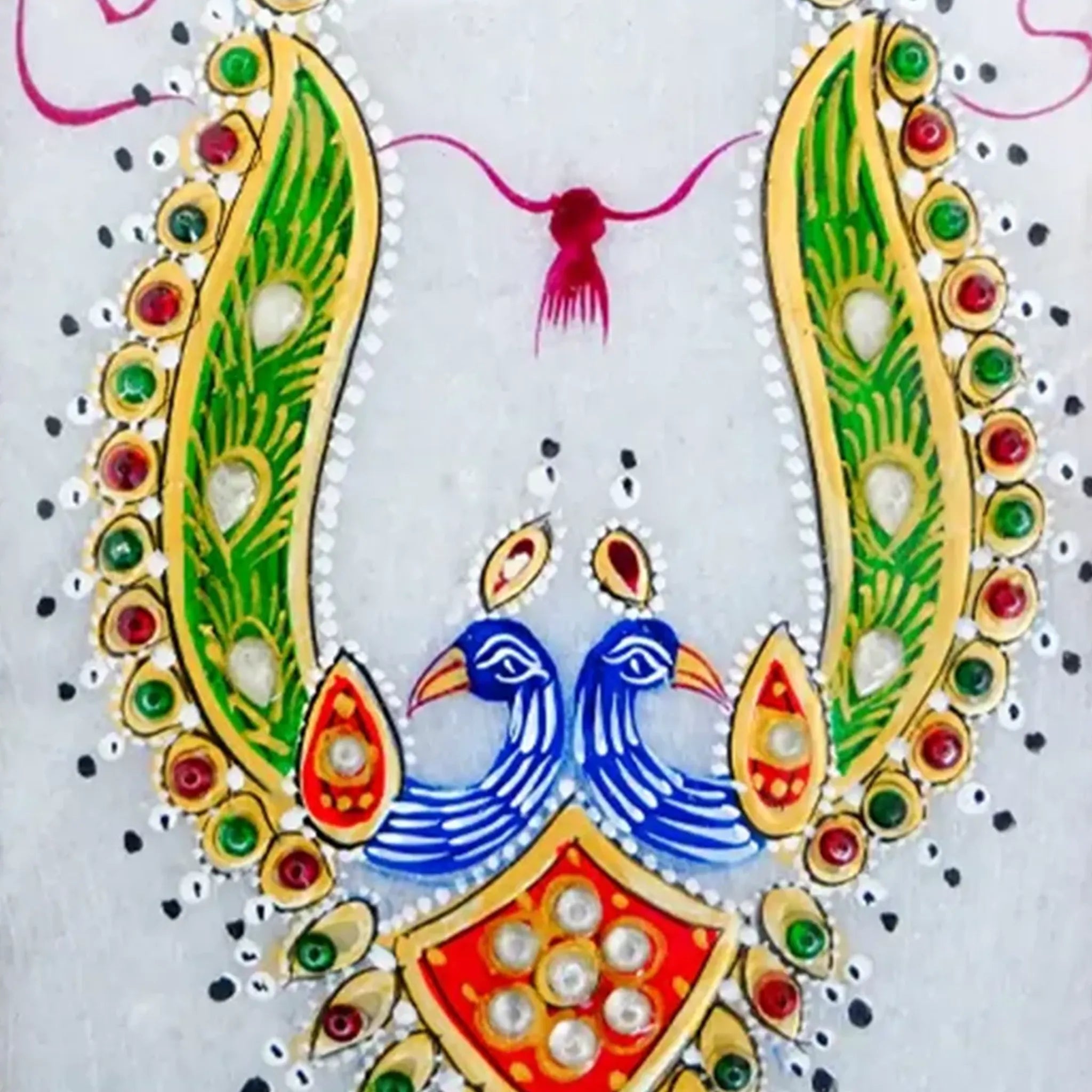 Marble Painted Diamond Shaped Peacock Necklace with Colourful Beads