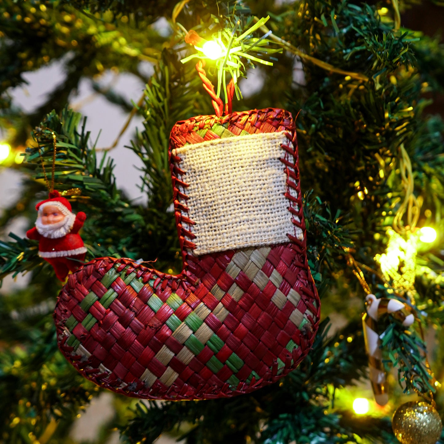 Eco-Friendly Christmas Tree Decoration-Red Santa Boot|Handmade Screw Pine