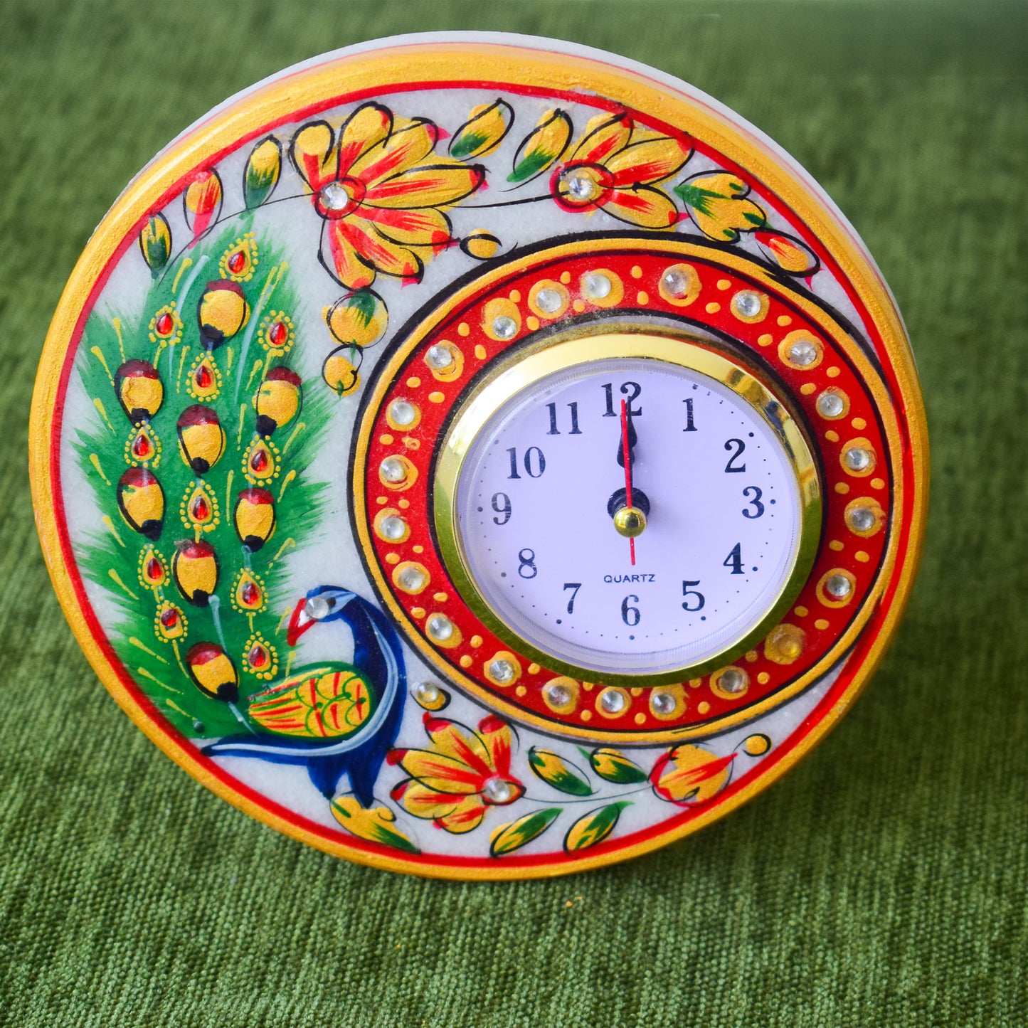 Kishangarh Marble Clock with Hand-Painted Peacock Motifs