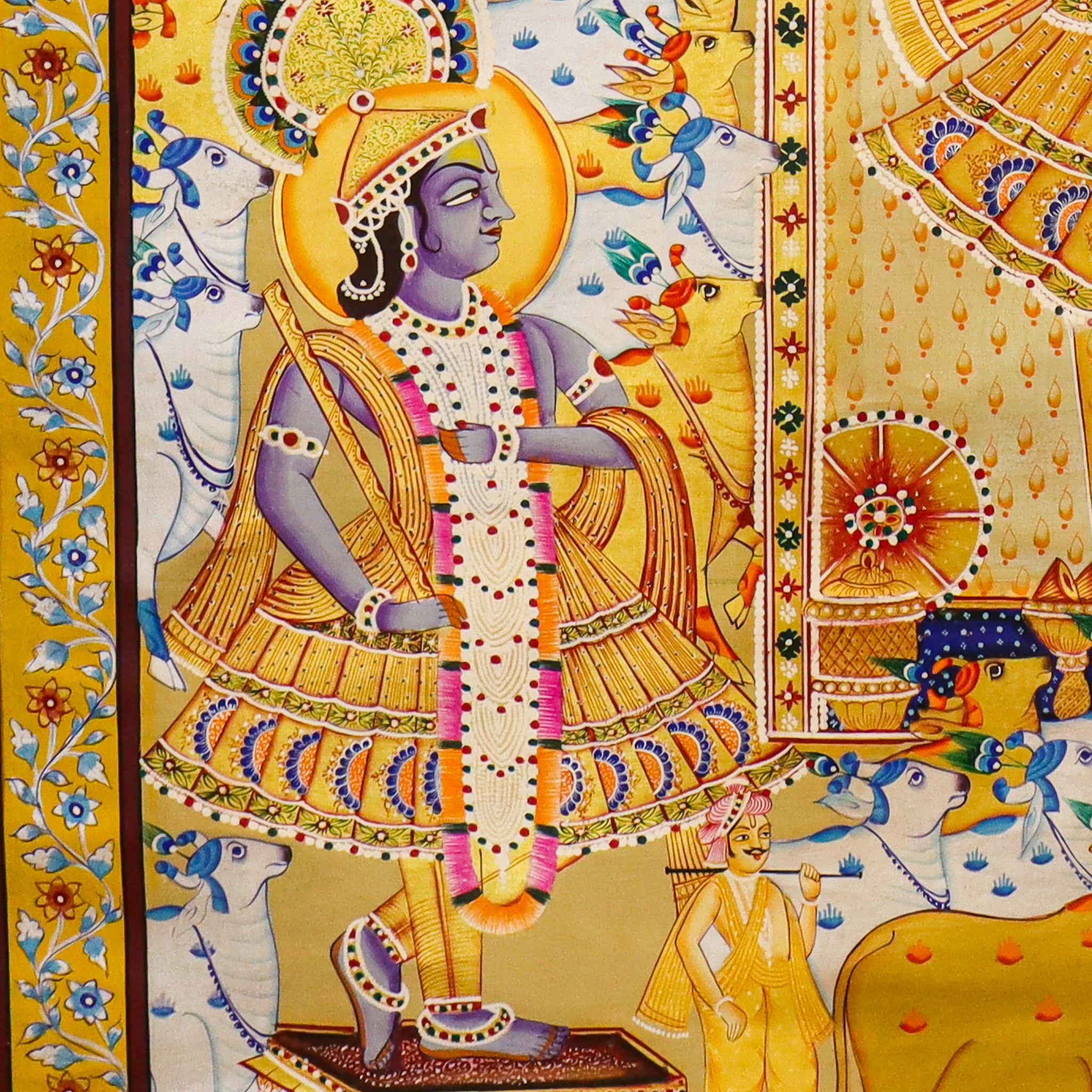 Srinathji Divine Wedding Pichwai Painting with Radha, Krishna & Sacred Cows(36.5 X 48.5 Inches)