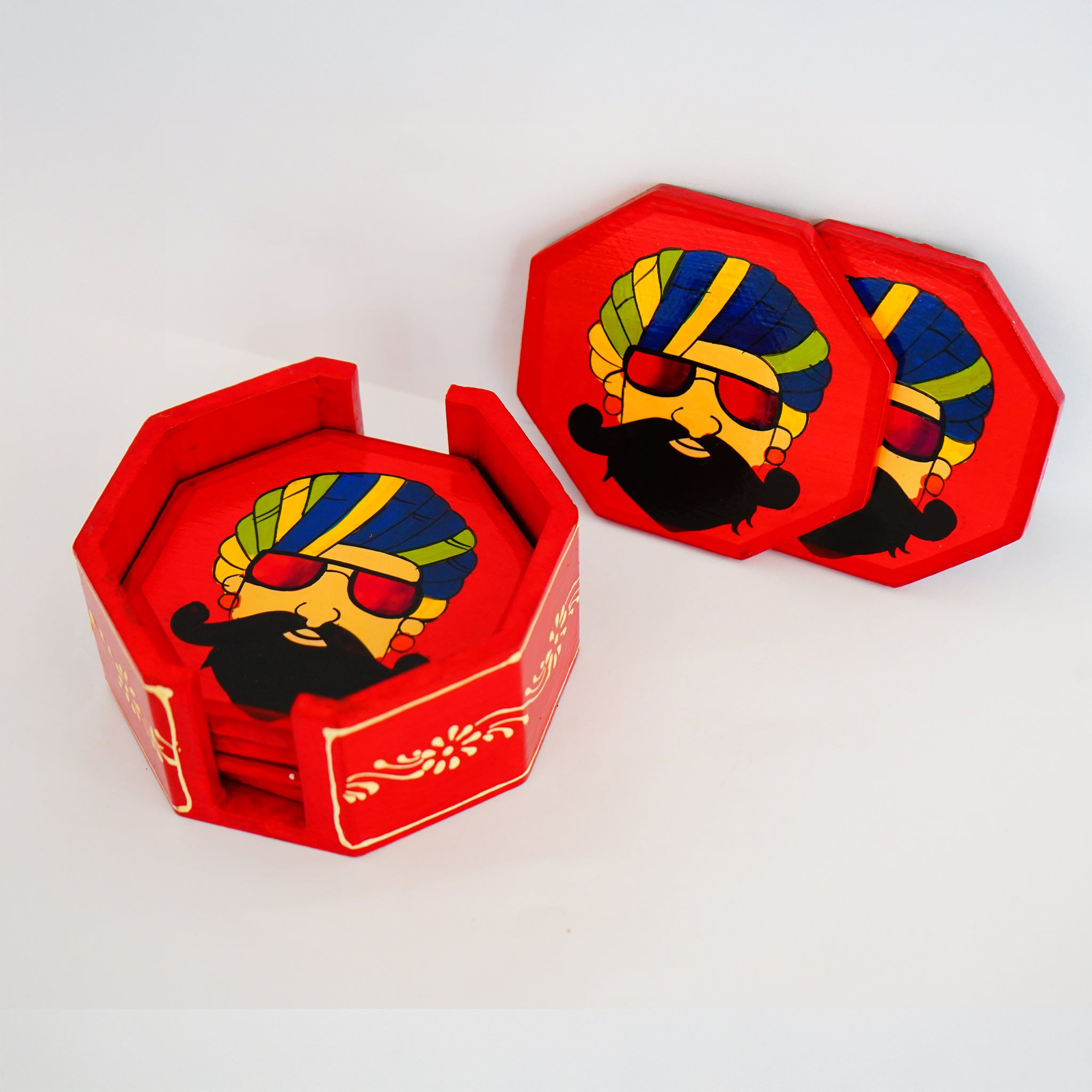 Hand Painted Man in Turban Hexagon Shaped Wooden Tea Coaster-Set of 6