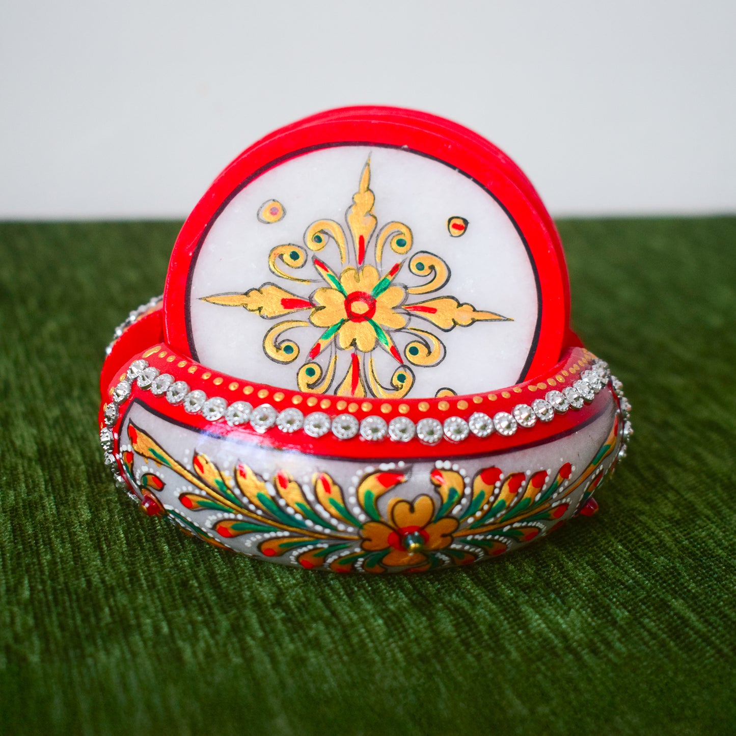 Kishangarh Marble Tea Coasters with Beautiful Floral & Red Accents