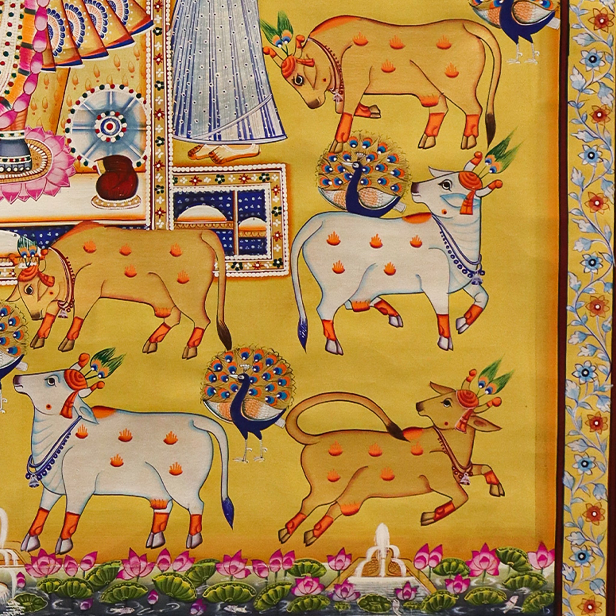 Srinathji Pichwai Painting with Gopikas, Cows & Peacocks Devotional Indian Art(36.5 X 48.5 Inches)-Made to Order