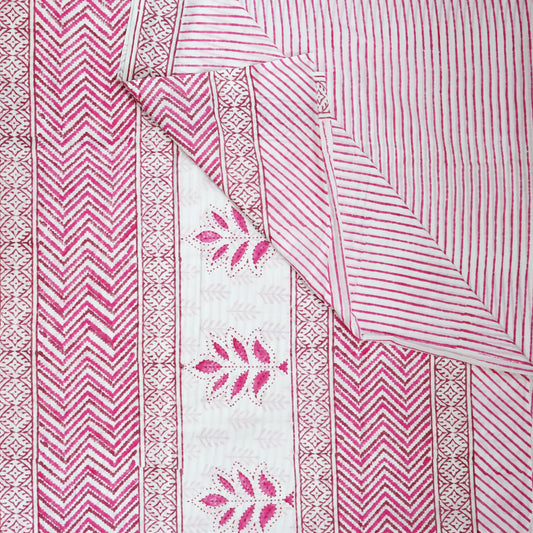 Summer Splash: Hand Block Printed-White and Rani Pink-Geometric Border