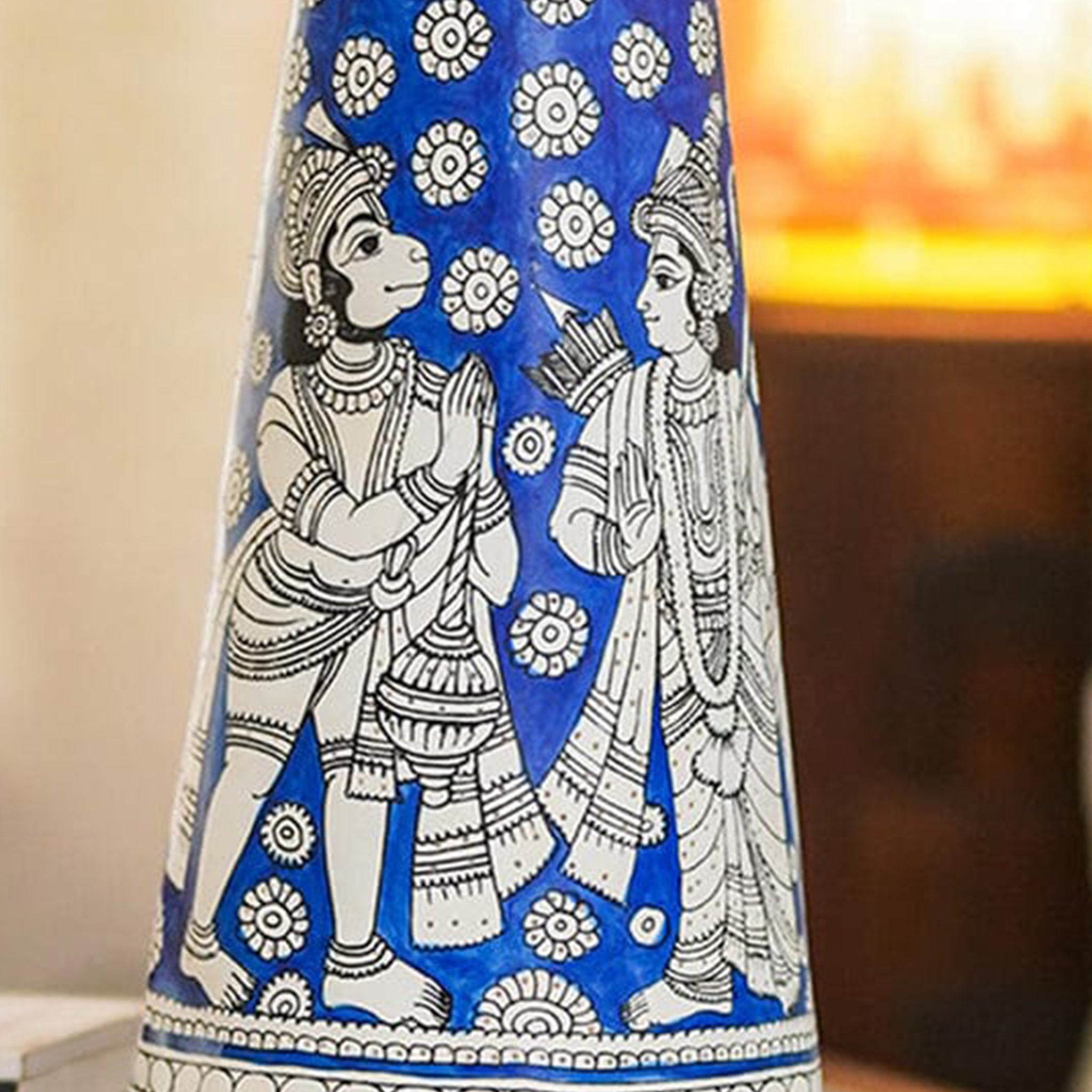 Elegant Andhra Leather Table Lamp Blue Ramayana Art Spiritual Decor with Divine Artistry-16 Inch