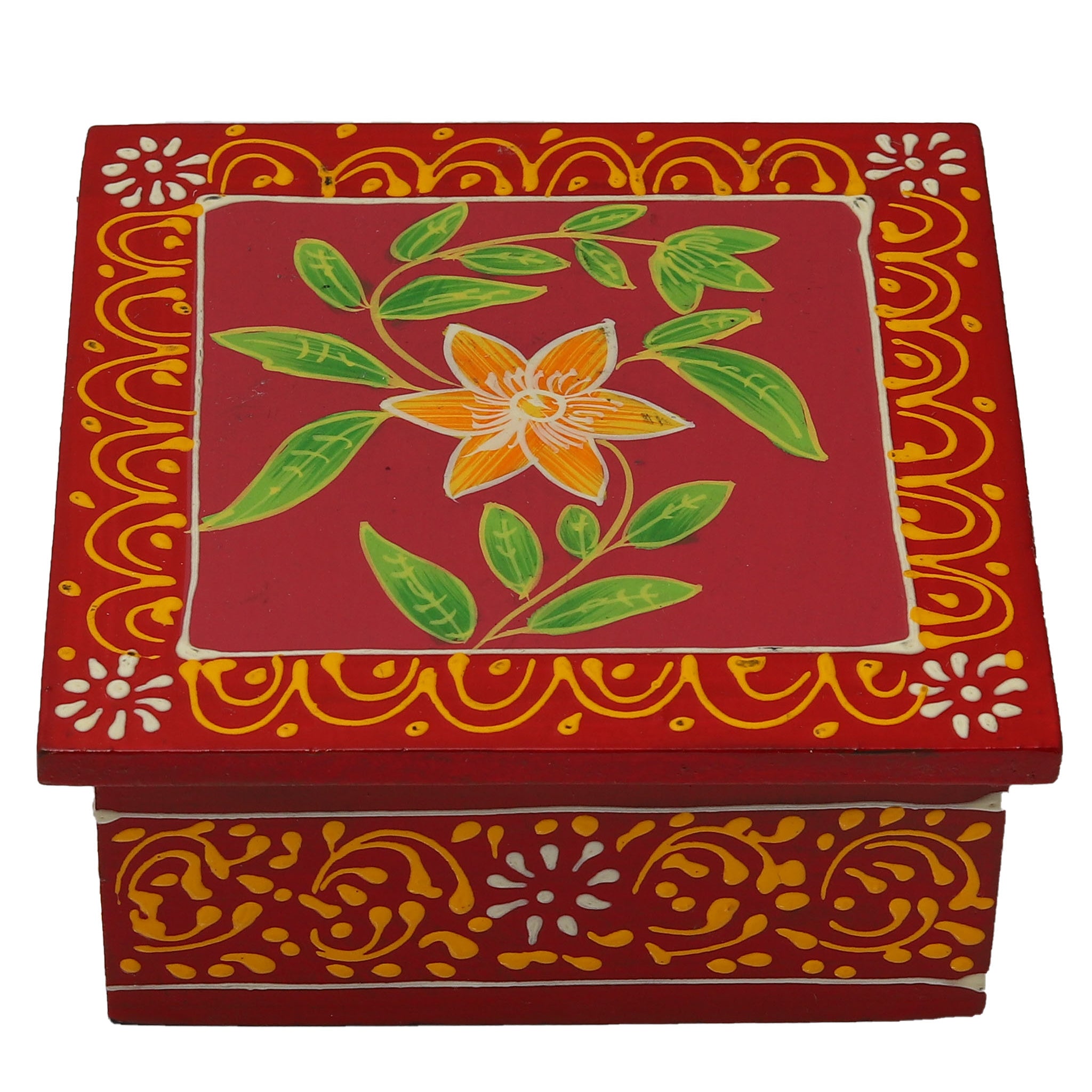 Hand Painted Flower Square Shaped Wooden Tea Coaster Red Color- Set of 6