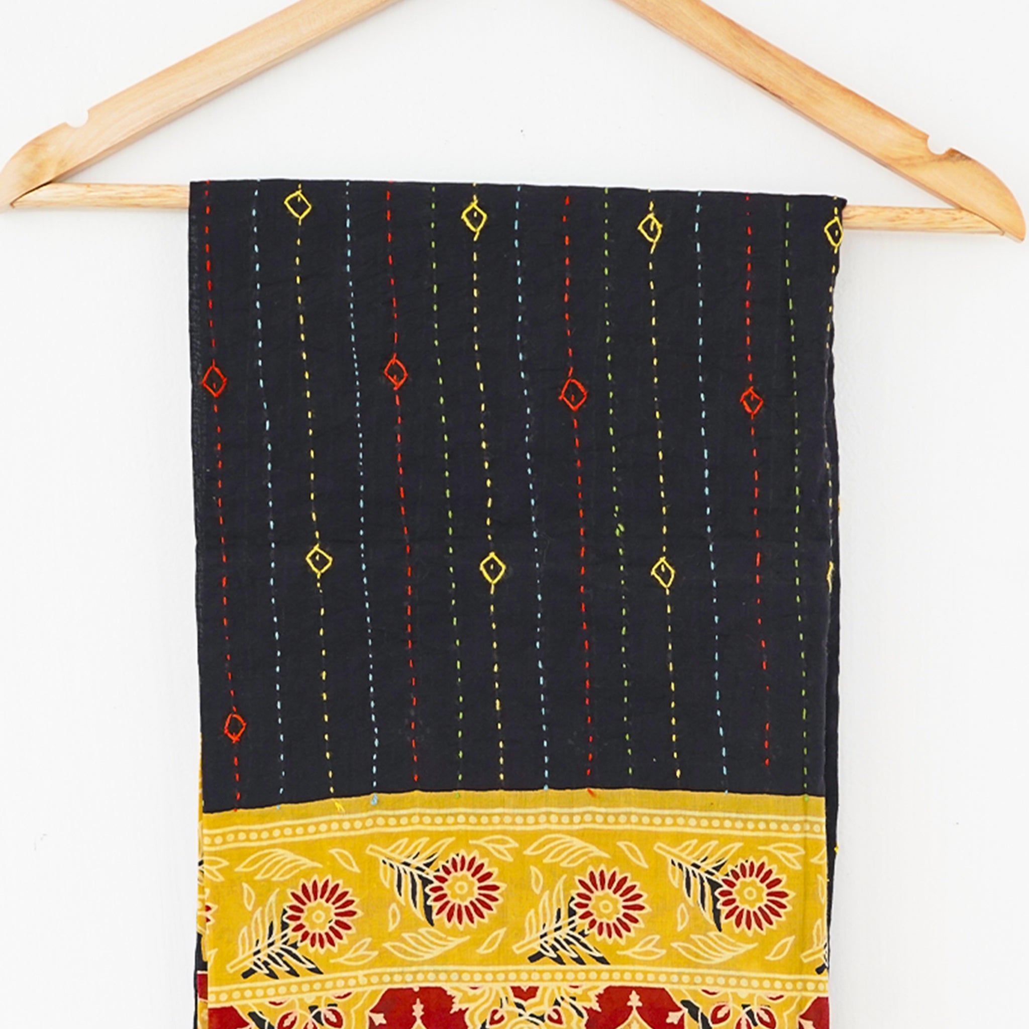 Elegant Ajrakh Block Print Dupatta with Kantha Embroidery – Double Shade Design