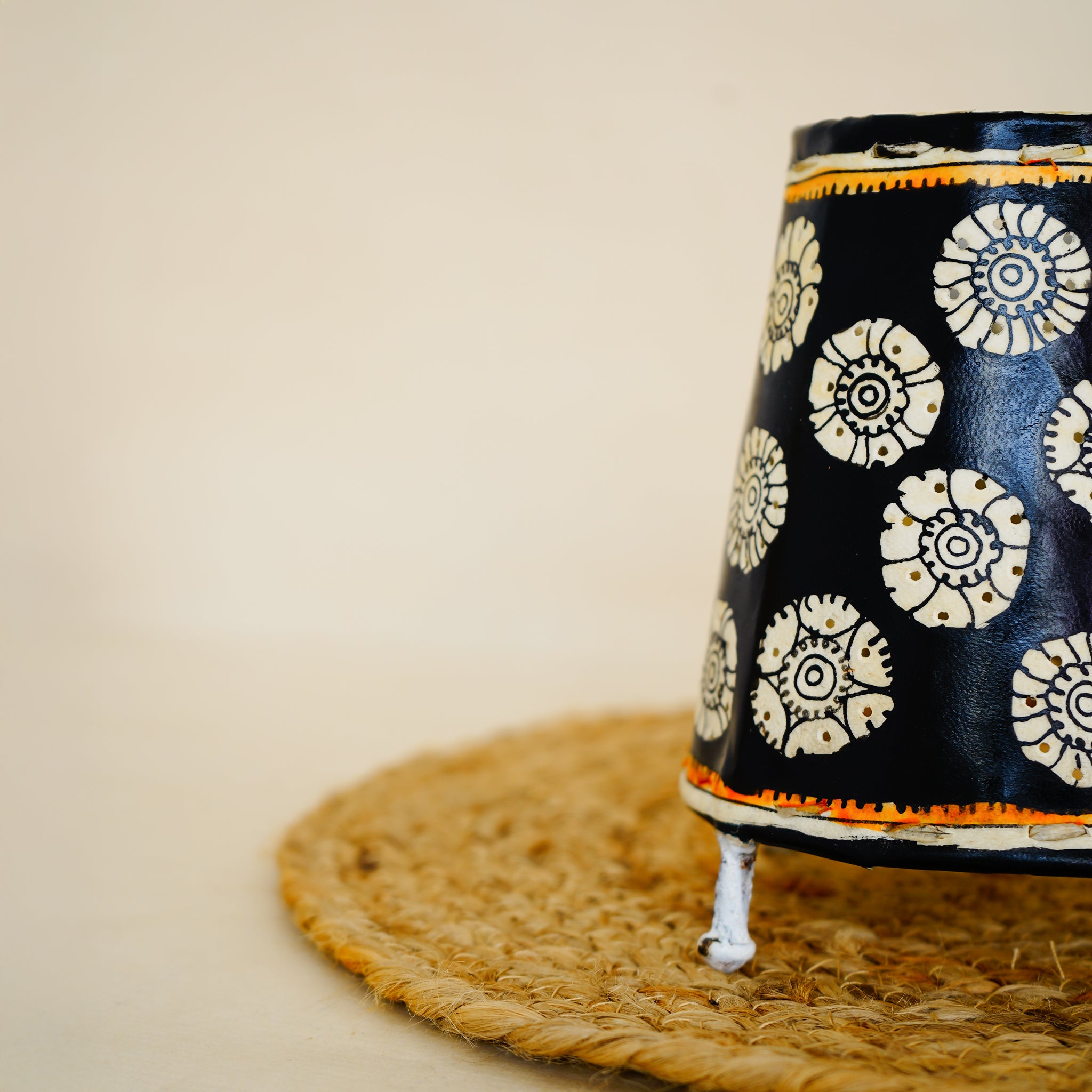 Andhra Leather Craft Black Lamp with White Floral Motif