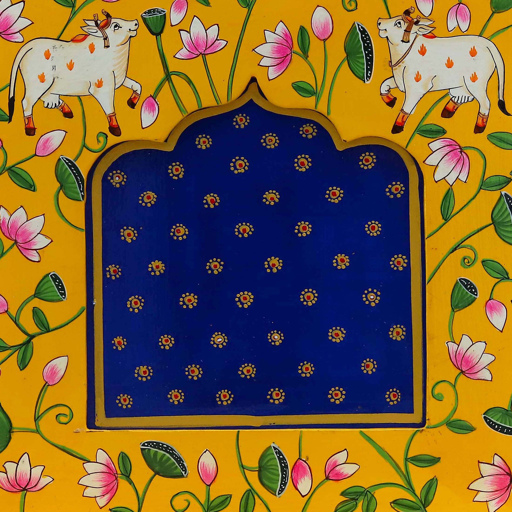 Pichwai Hand Painted Yellow Photo Frame with Floral Vines and Cow