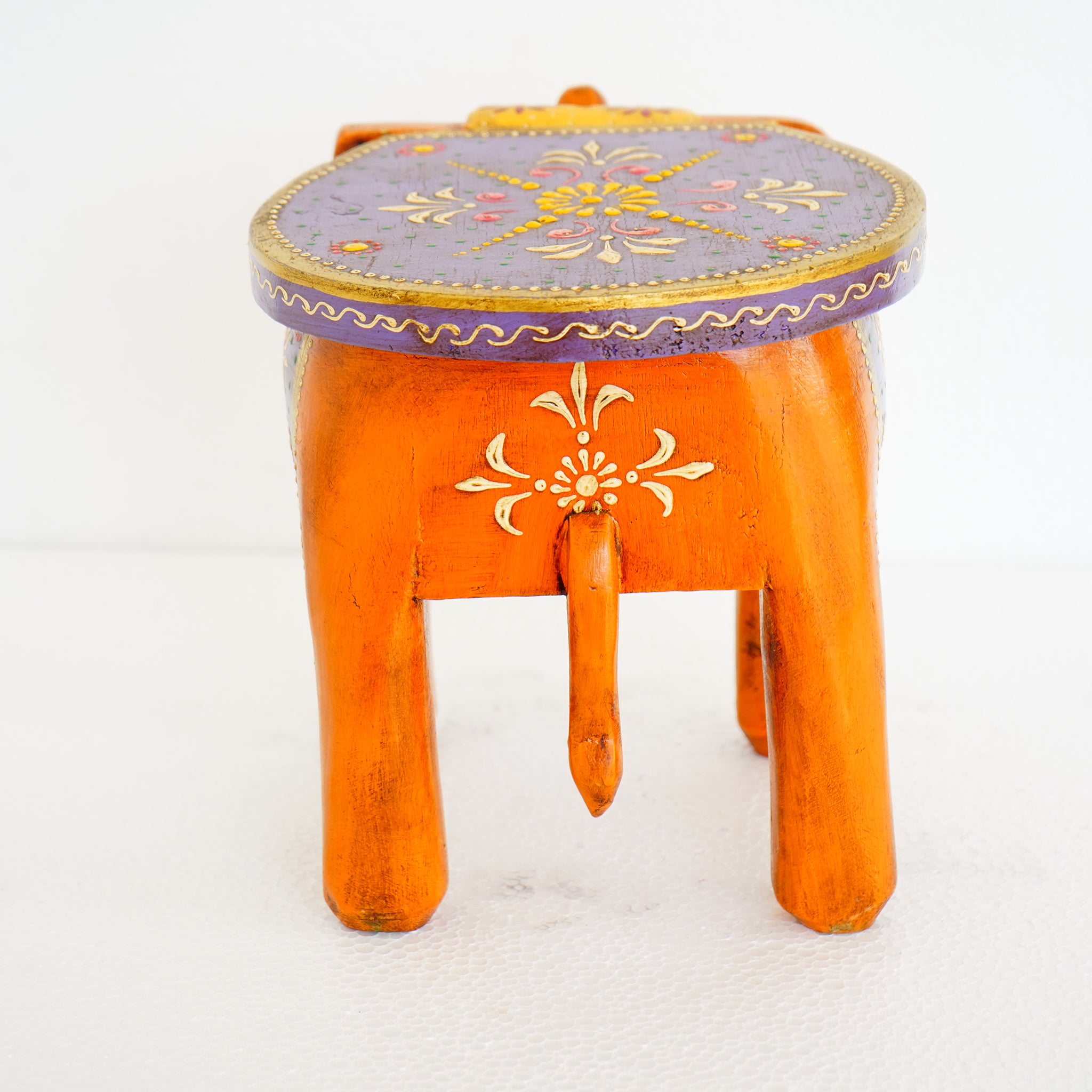 Hand-Painted Wooden Elephant Purple Stool