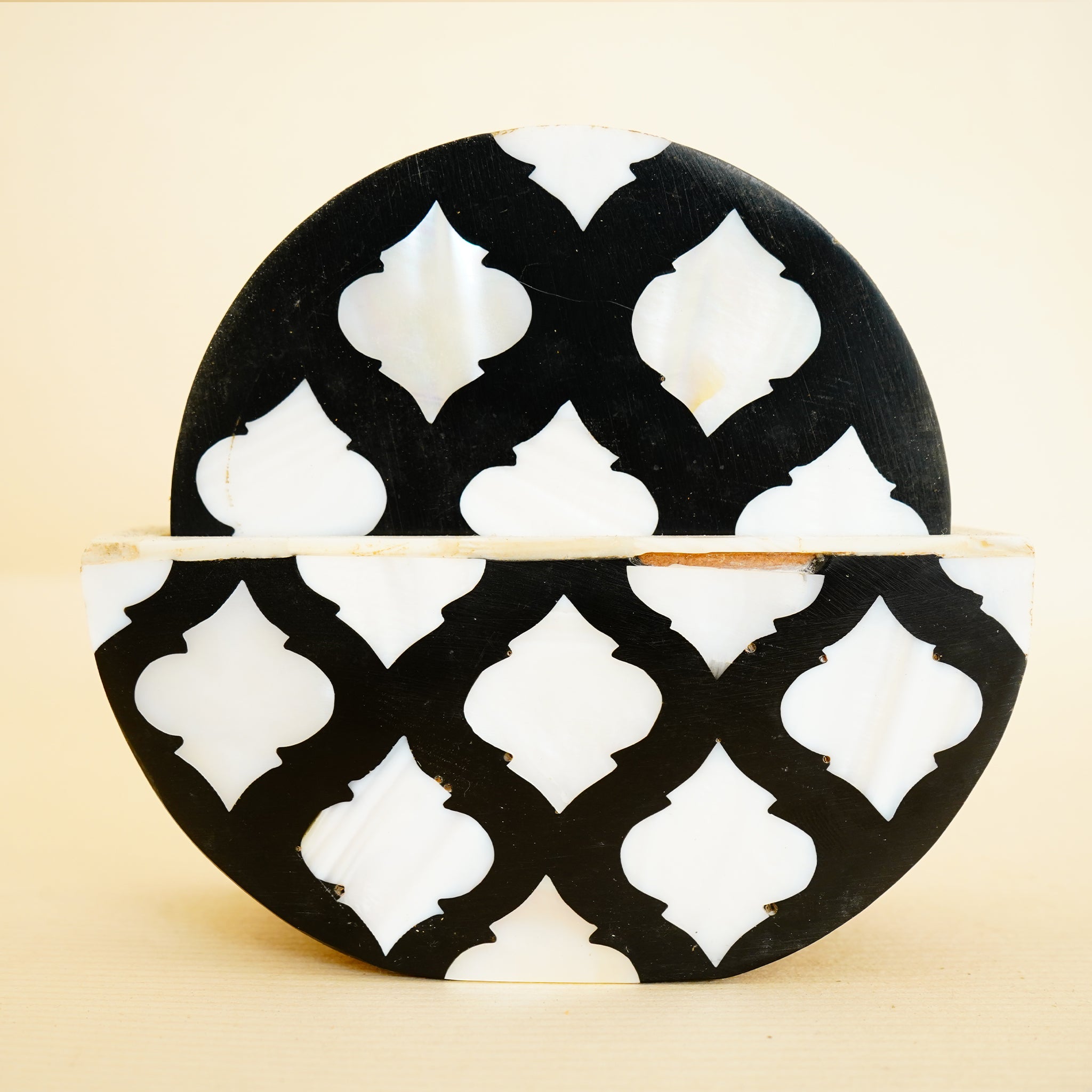 Stylish Round Wood Coasters with Black & White Pattern Shell Coaster