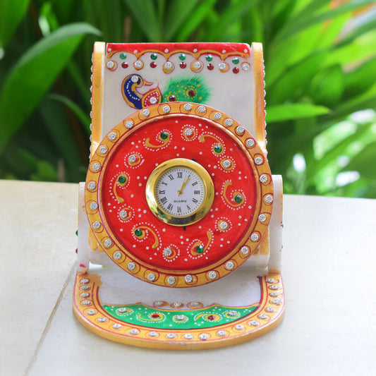 Kishangarh Marble Phone Stand with Hand-Painted Peacock and Clock