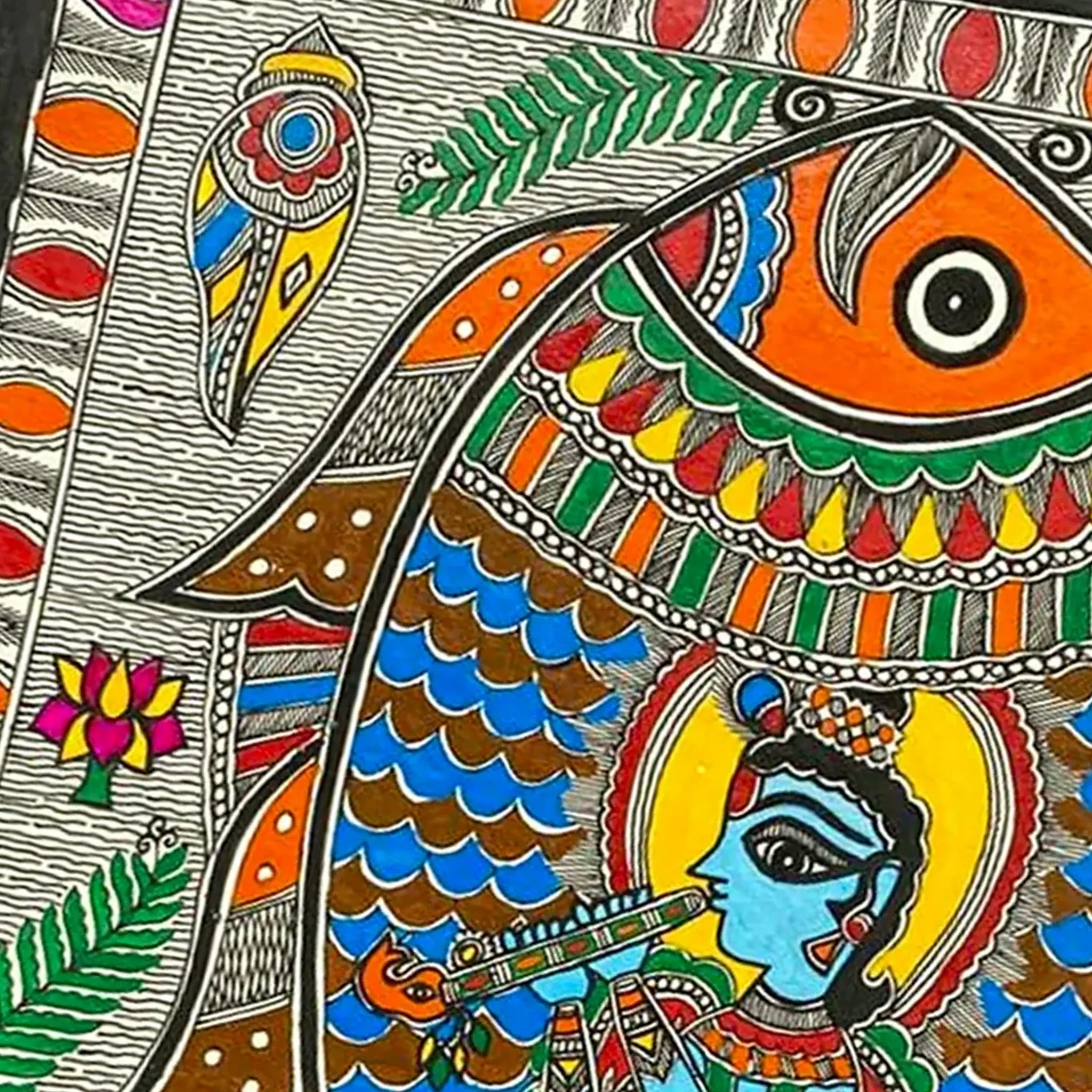 Handcrafted Madhubani- Matsya Krishna Art: Traditional Mithila Paintings of Prosperity-Made to Order