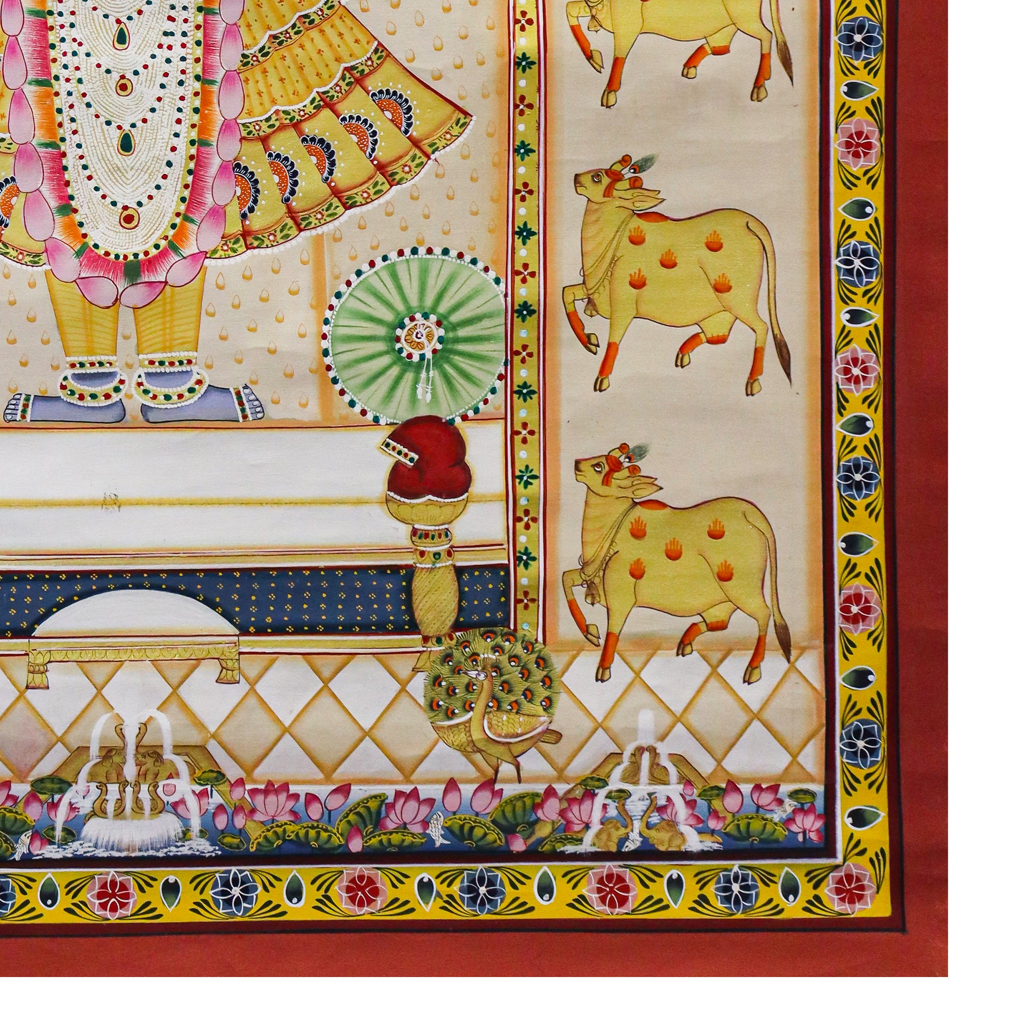 Divine Srinathji Pichwai  Handcrafted Art with Yellow & White Cow Pattern(32 X 44 Inches)-Made to Order