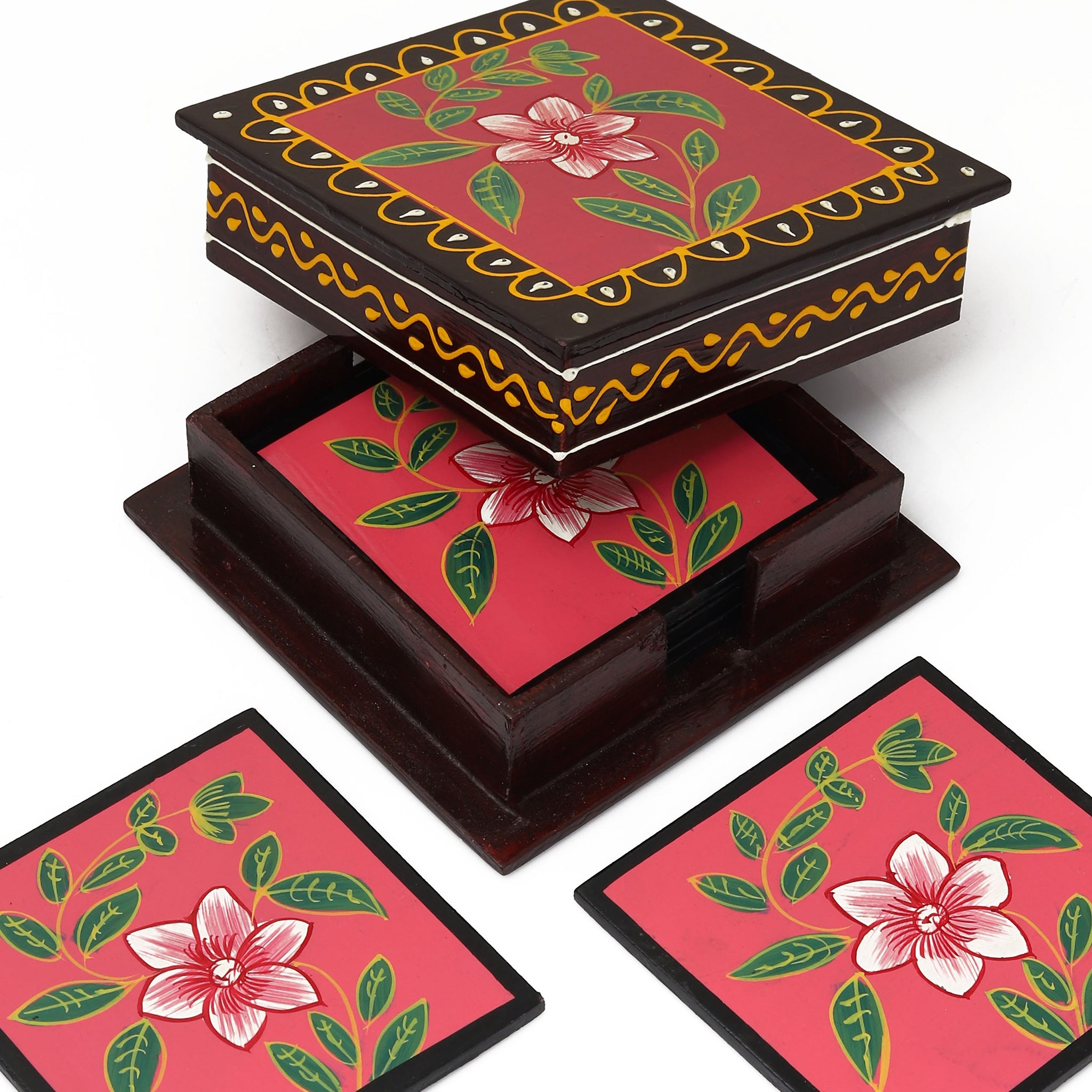 Hand Painted Flower Square Shaped Wooden Tea Coaster Pink Color- Set of 6