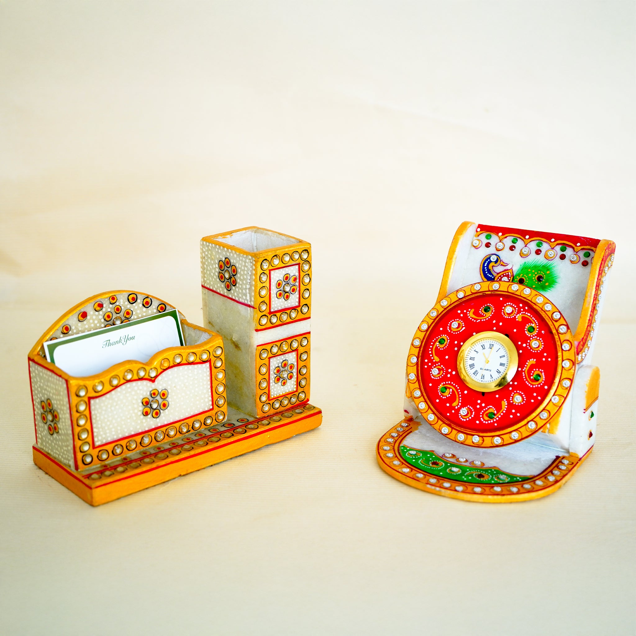 Kishangarh Marble Professional Combo Card Holder and Hand-Painted Peacock Clock