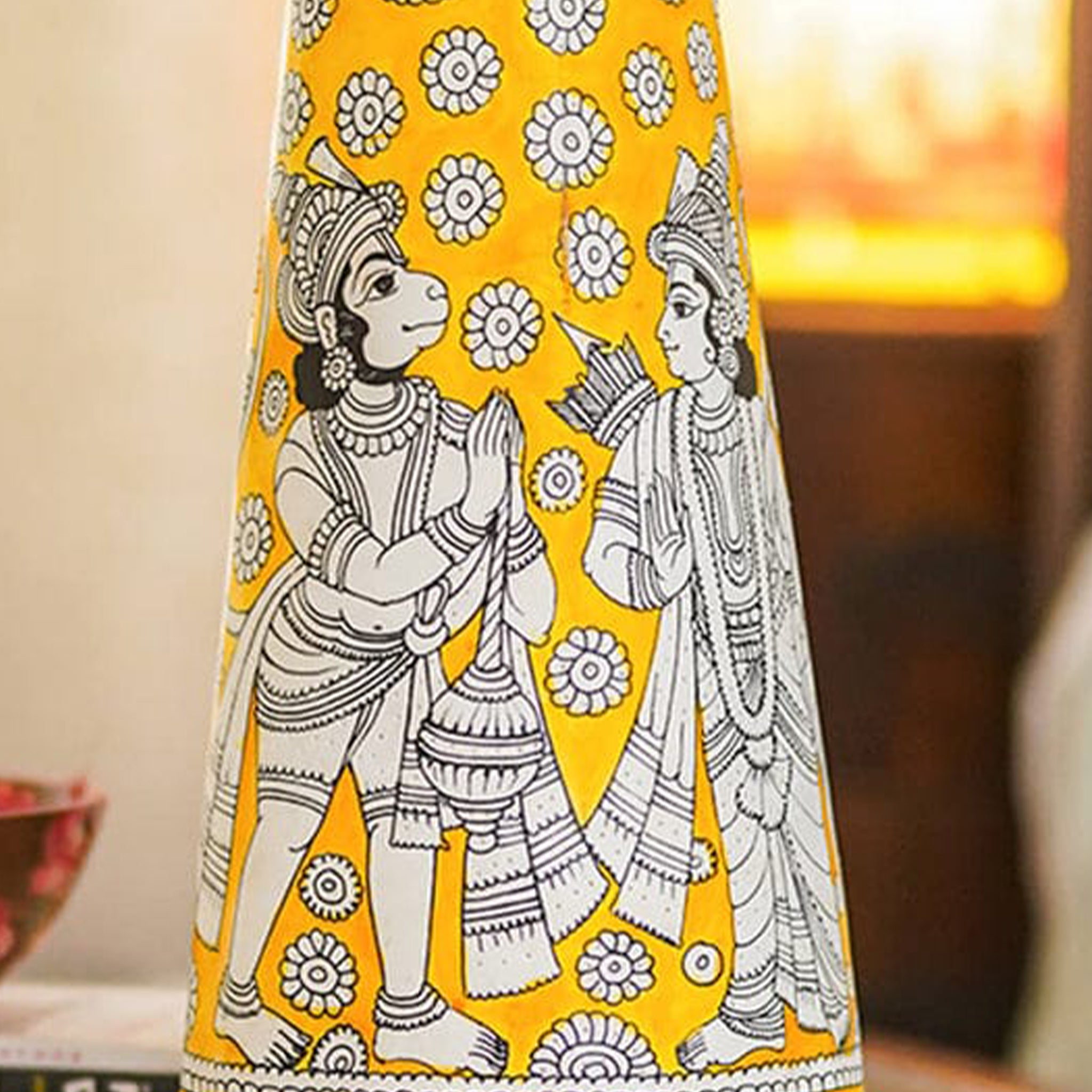 Traditional Andhra Leather Table Lamp Mughal Art Yellow Base for Timeless Decor-16 Inch