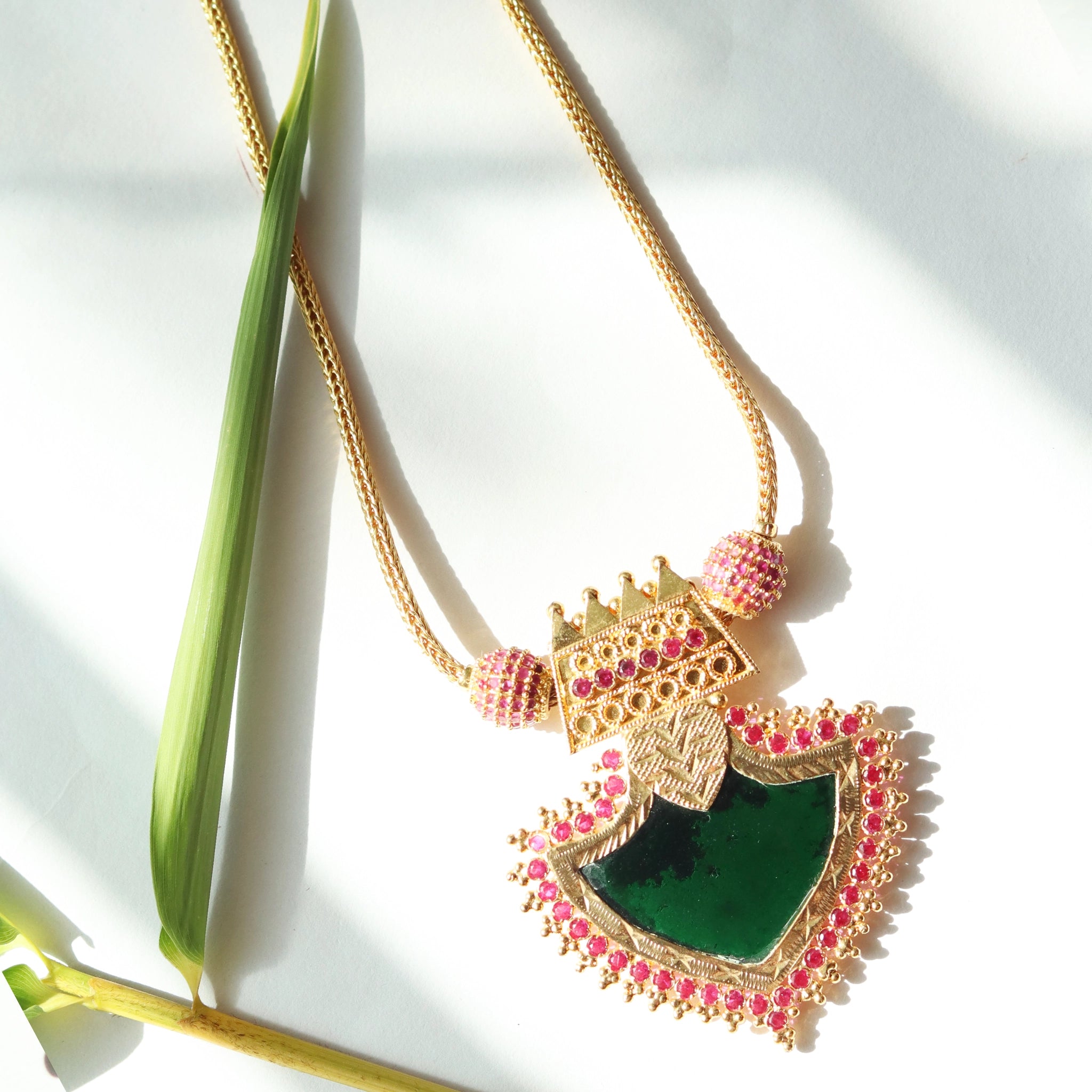 Kerala Palakka Necklace with Stone Studded Leaf-shaped Pendant