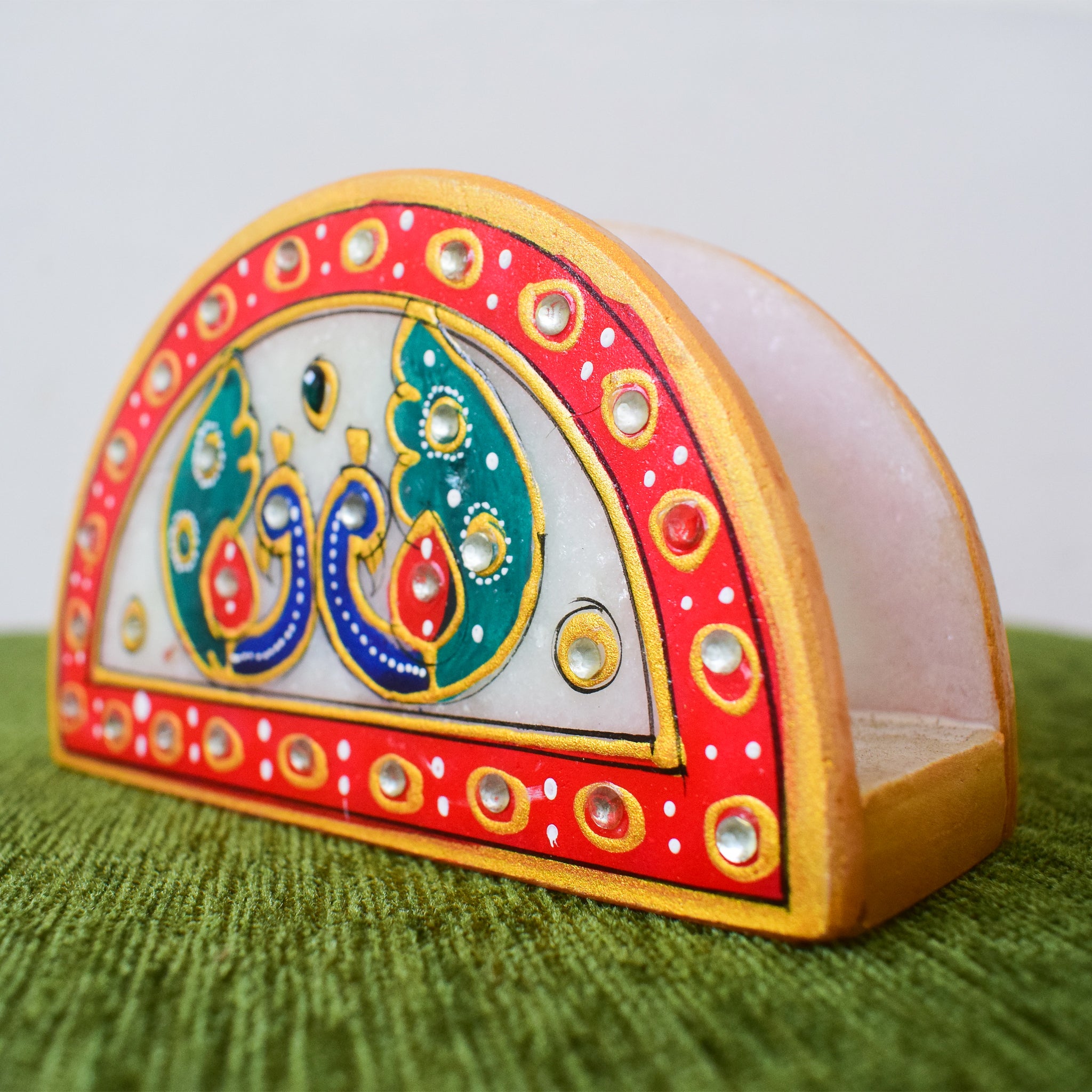 Kishangarh Marble Napkin Holder with Meenakari Peacocks