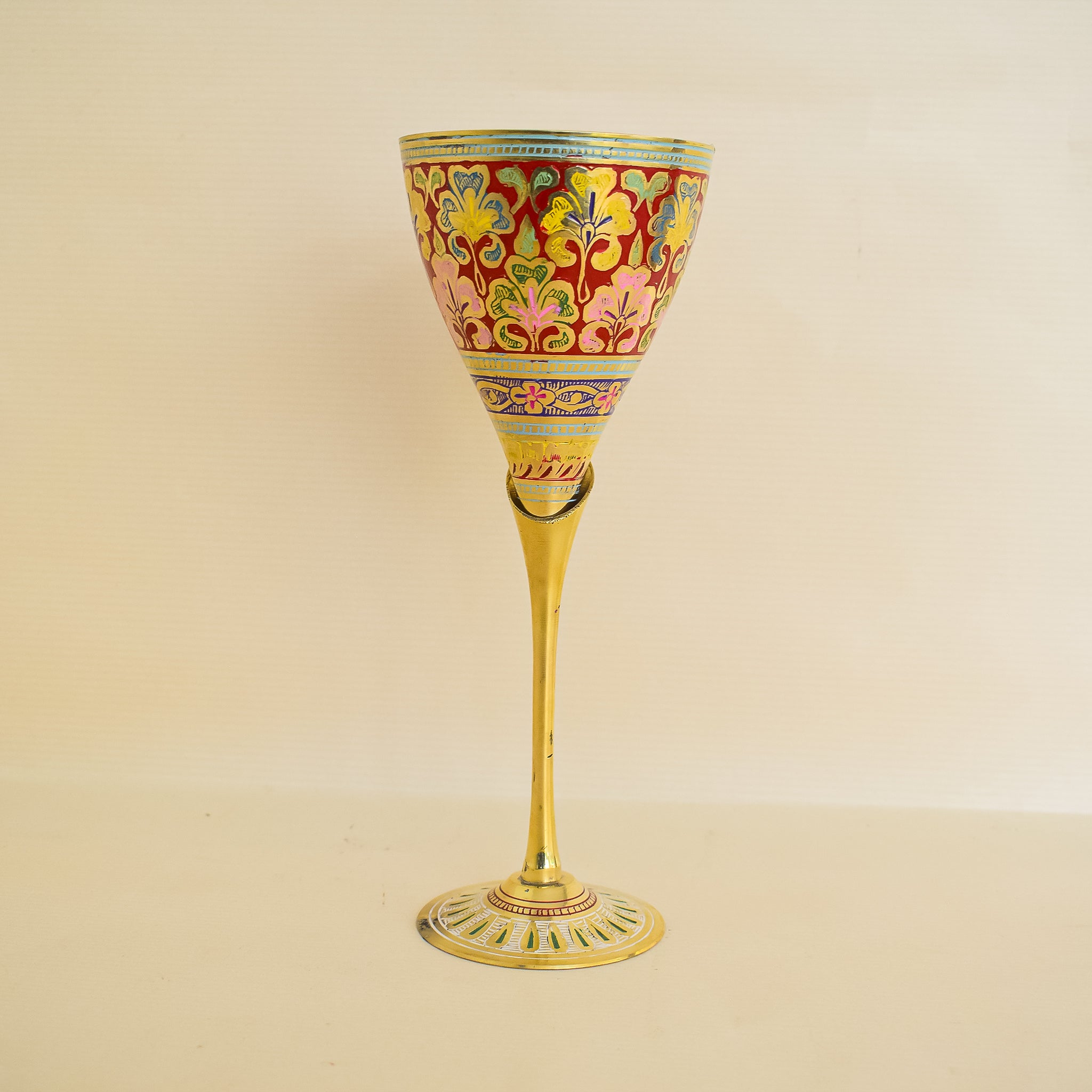 Brass Wine Glass with Handmade Golden and Red Floral Minakari Work