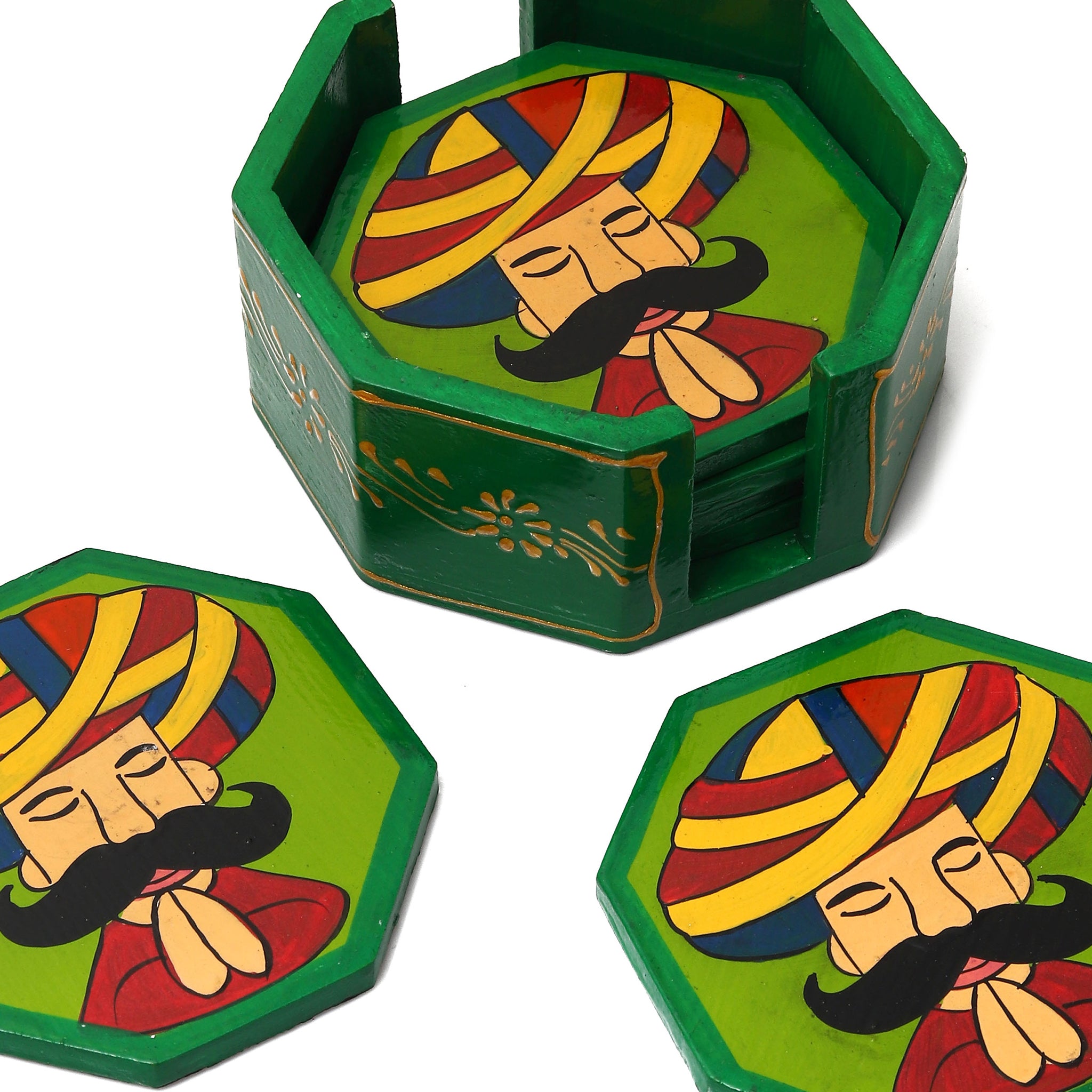 Hand Painted Man In Turban Hexagon Shaped Wooden Tea Coaster-Set of 6