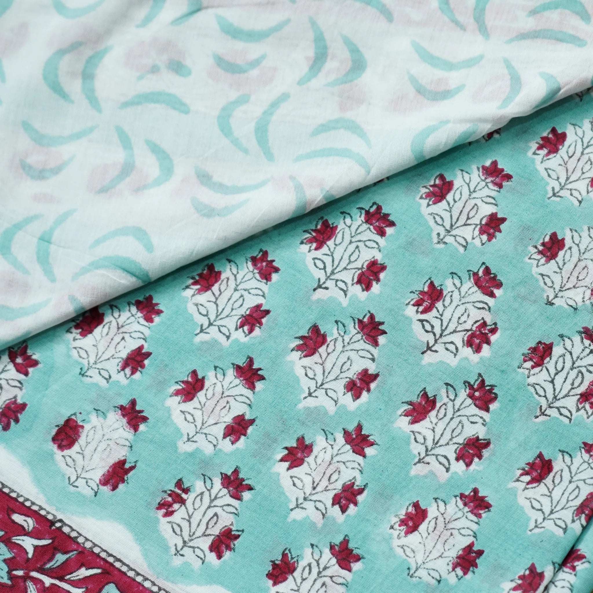 Spring Blossom: Hand Block Printed Cotton Saree in Pistachio, White, and Rani Pink with Floral Motif