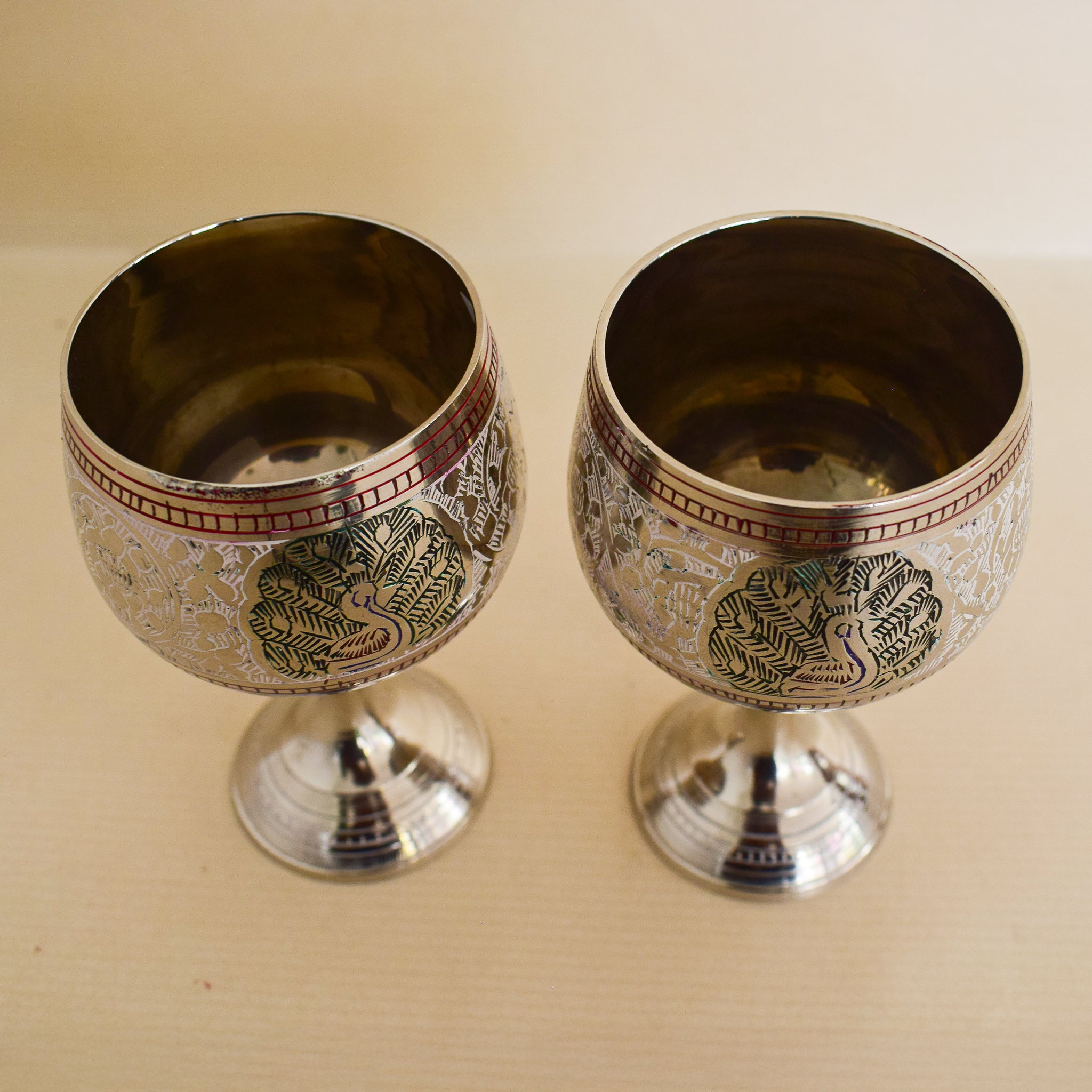 Brass Wine Glass with Handmade with Peacock Minakari Work-Set of Two