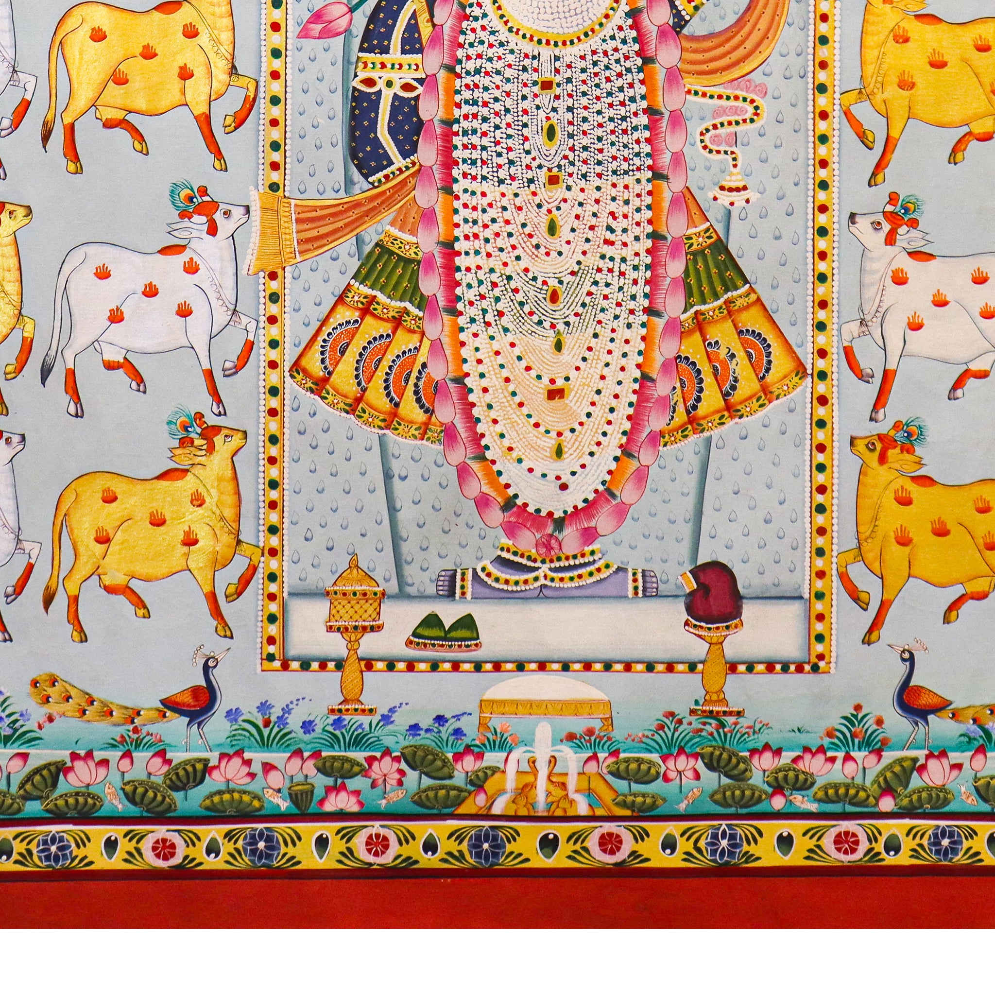 Divine Srinathji Pichwai  Handcrafted Art with Yellow & White Cow Pattern(31.5 x 44 Inches)-Made to Order